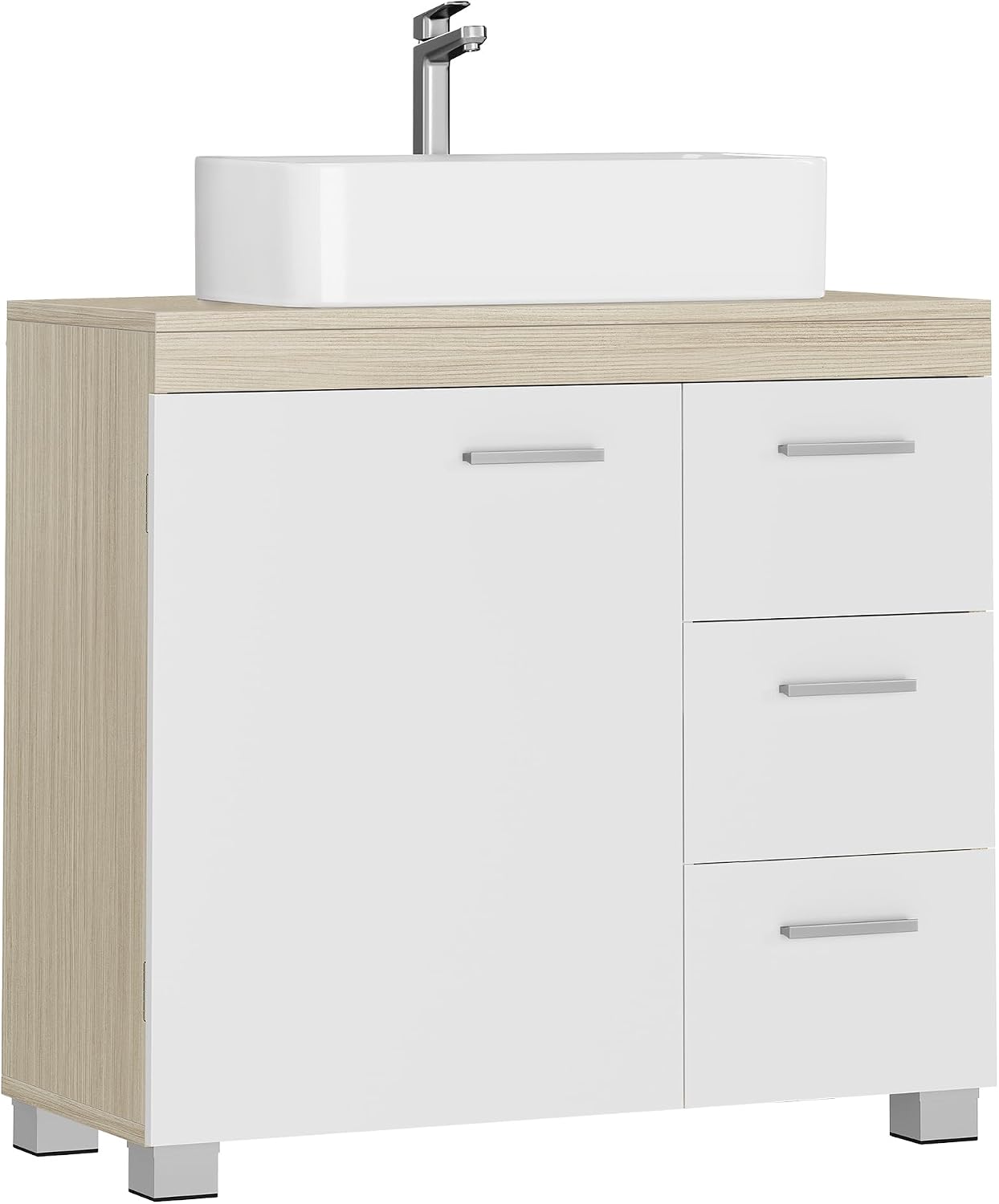 Detalle de VASAGLE Mobile sottolavabo BBK504K01 con 3 cassetti laterali e 2 vani dietro anta (30 x 70 x 64 cm) bianco e beige