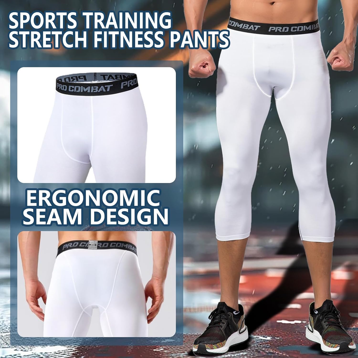 Detalle de HULG Kompressionshose Herren – 3/4 Sport-Leggings mit atmungsaktivem Funktionsstoff