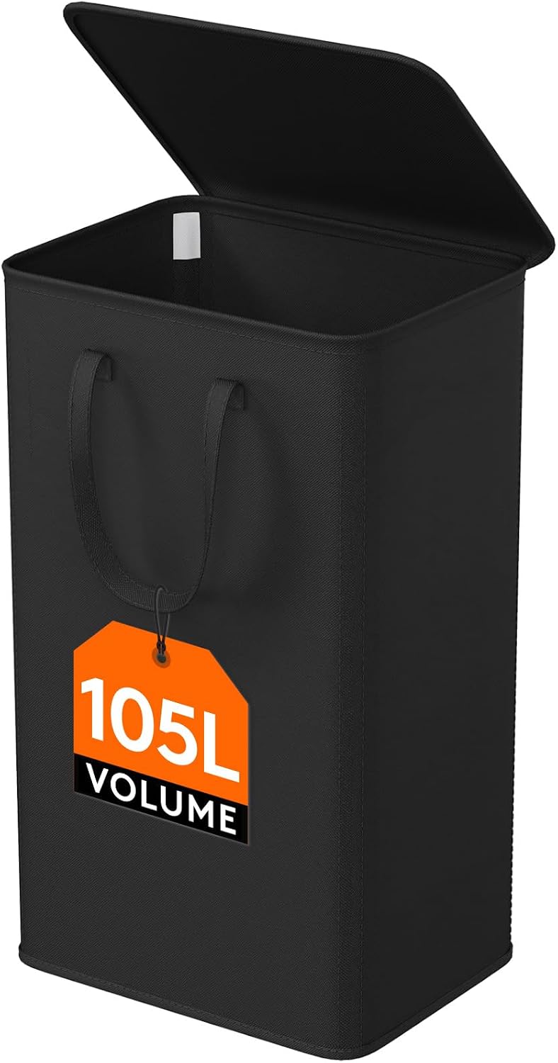 Detalle de Lifewit 25069 Slim Laundry Basket with Lid, 105 L, Foldable, Black