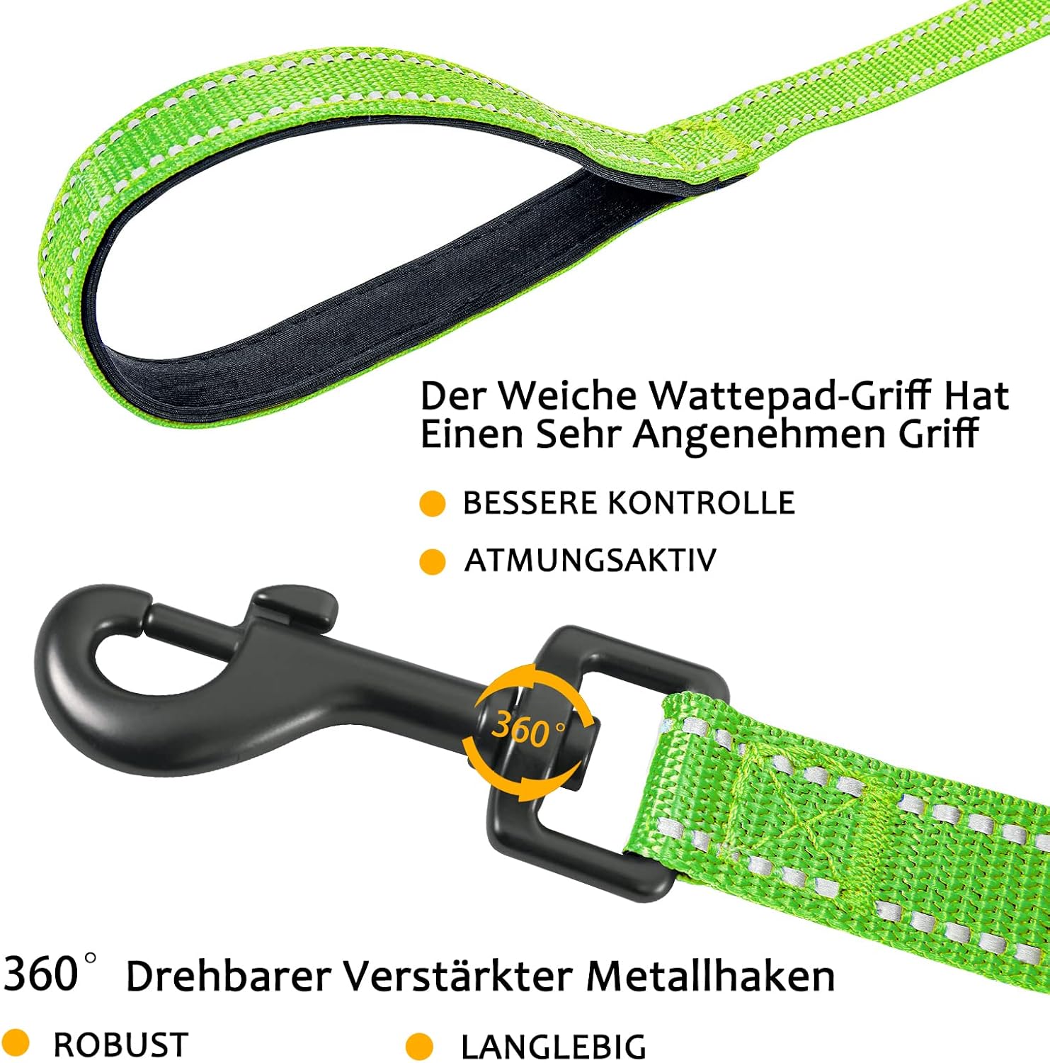 Detalle 2 de Demigreat Schleppleine für Hunde mit reflektierenden Streifen, gepolstertem Griff und Handschlaufe (3 m / 5 m / 10 m / 15 m / 20 m)