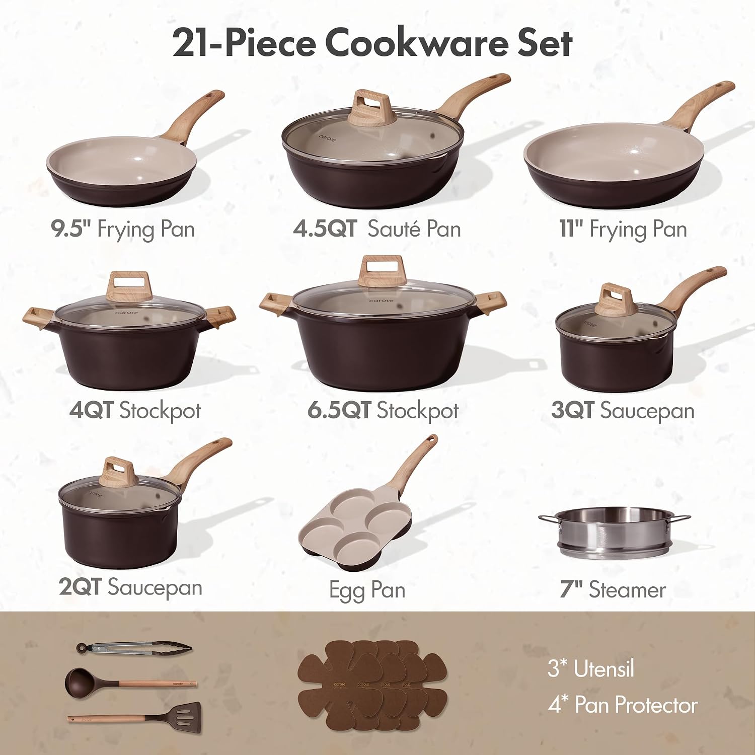 Detalle 2 de CAROTE A15665 21-Piece Ceramic Cookware Set, Induction-Compatible, Dark Mocha