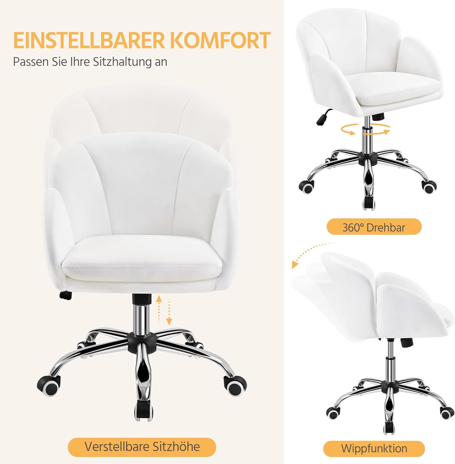 Thumbnail 5 de Yaheetech Homeoffice Stuhl – Schminkstuhl/Schreibtischstuhl, höhenverstellbar, 136 kg Belastbarkeit, Weiß/Samt