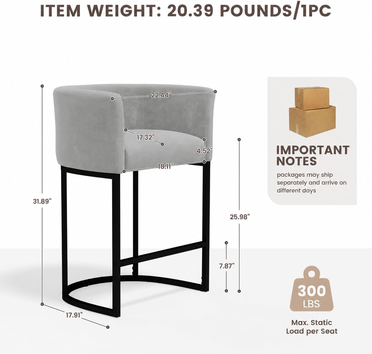 Detalle 2 de GRUSIGN BY-TEZ Chenille Counter-Height Bar Stools, Set of 4, Gray