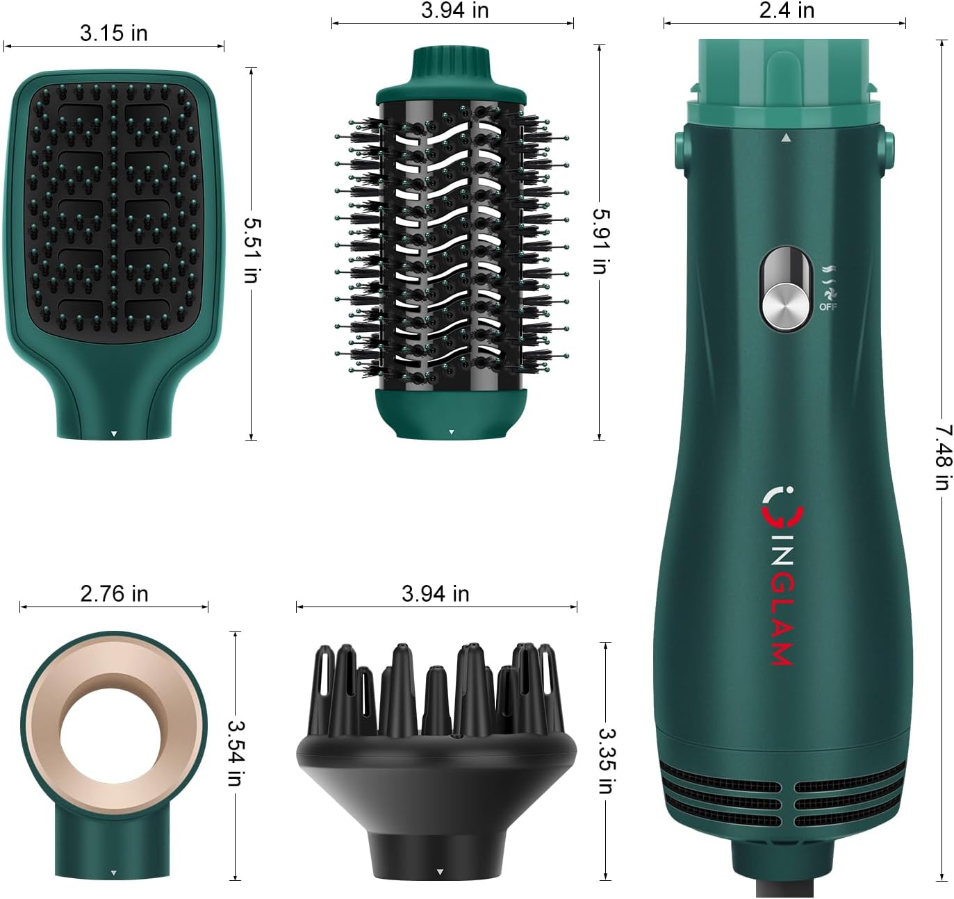 Detalle 2 de IG INGLAM 4-in-1 Detachable Hair Dryer Brush with Oval Titanium Barrel (Dark Green)