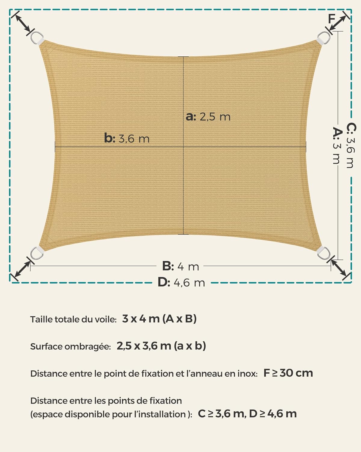 Thumbnail 4 de SONGMICS Voile d’Ombrage 3 x 4 m en HDPE, respirant et perméable à l’eau (jaune sable) GSS34EYV1