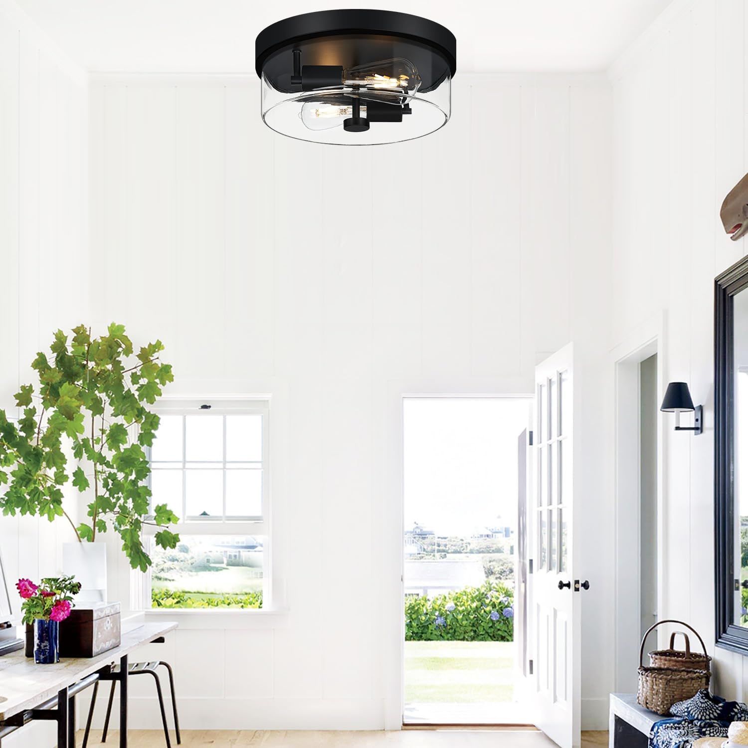 Thumbnail 6 de szzgco 2-Light Black Flush Mount Ceiling Light with Clear Glass Shade (Farmhouse/Industrial Style)
