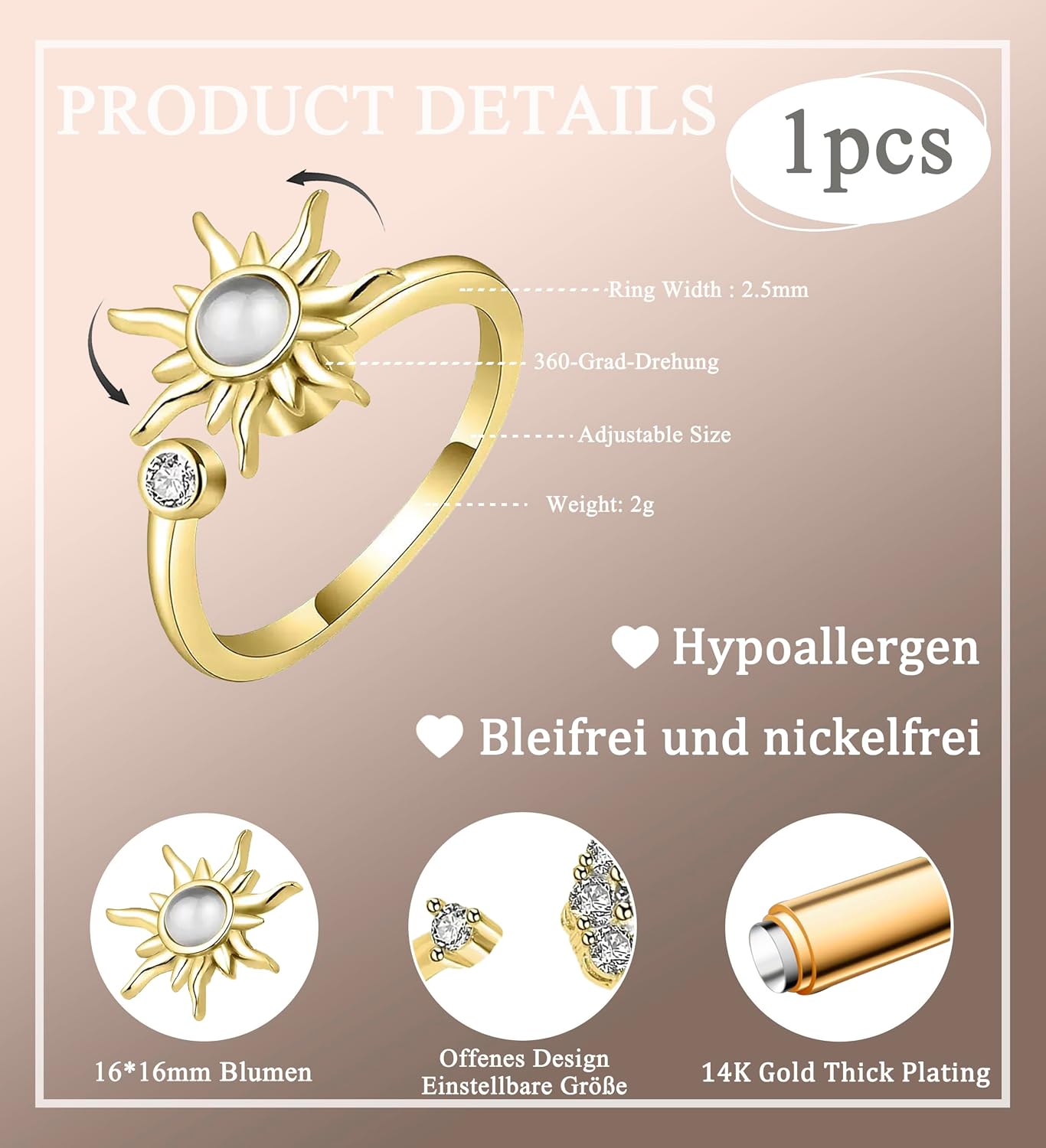 Detalle de Maynor Anxiety Ring für Damen – verstellbarer Zirkonia-Blumen & Sonnen Stressspinner-Ring