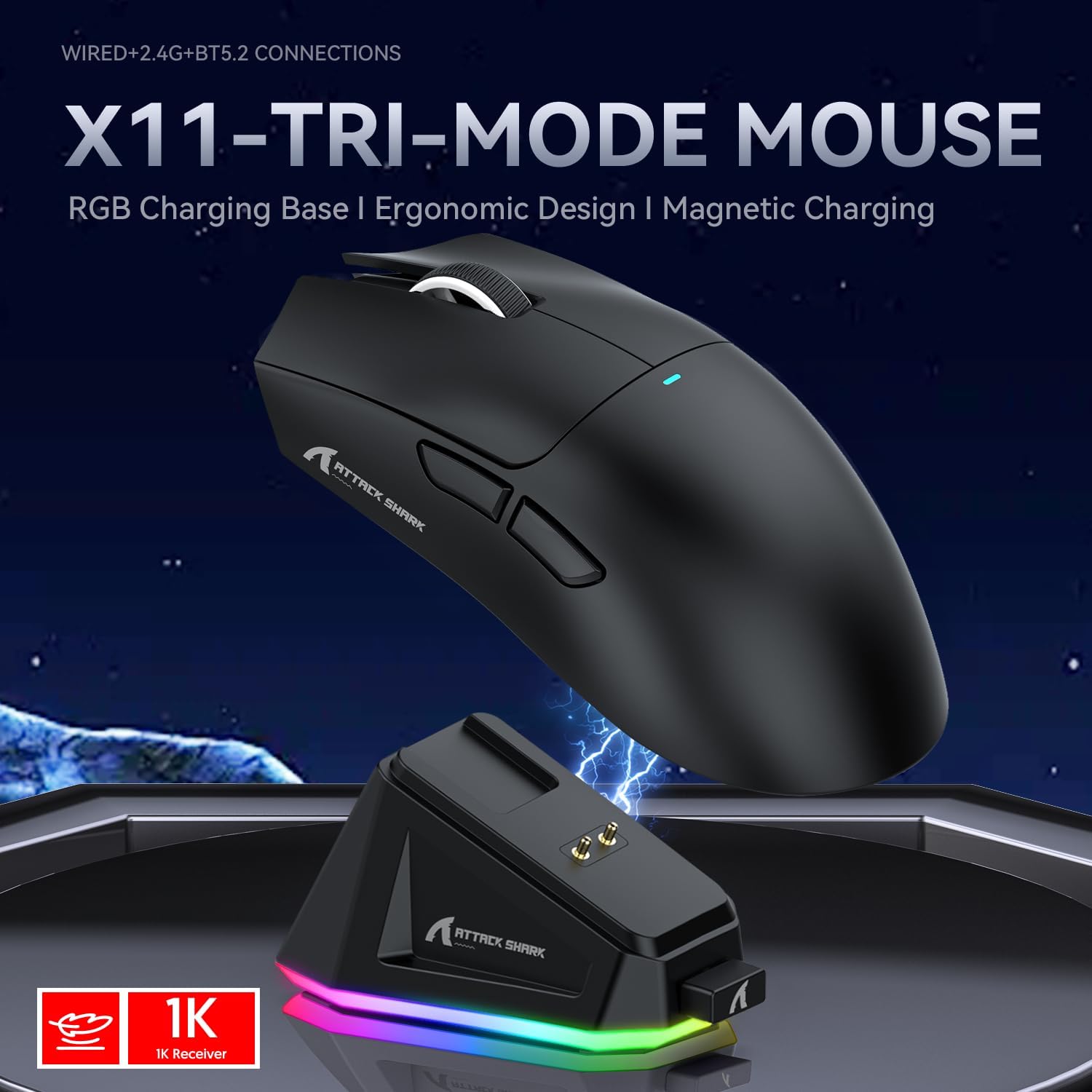 Detalle 2 de ATTACK SHARK X11 Gaming-Maus mit magnetischer Ladestation, 22.000 DPI PixArt PAW3311 & 3 Modi (BT/2.4G/USB-C)