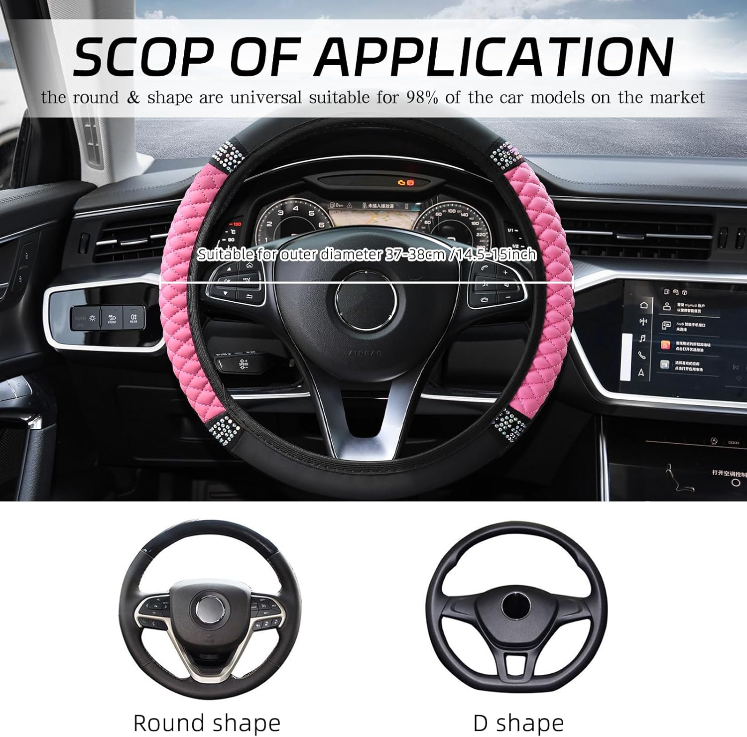 Thumbnail 1 de VidFair Steering Wheel Cover, Universal Size M (37–38 cm) in Pink with Bling Crystals