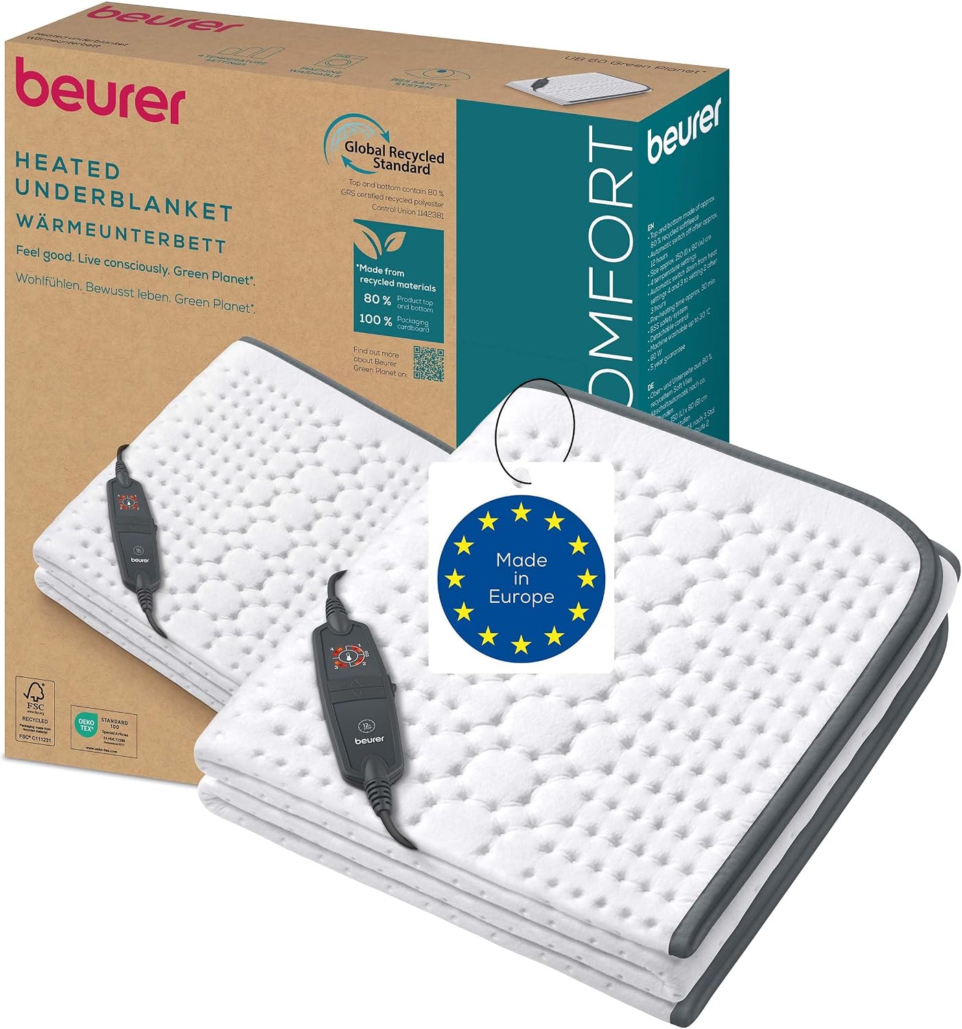 Detalle de Beurer UB 60 uppvärmd underfilt 150 × 80 cm med återvunnet material