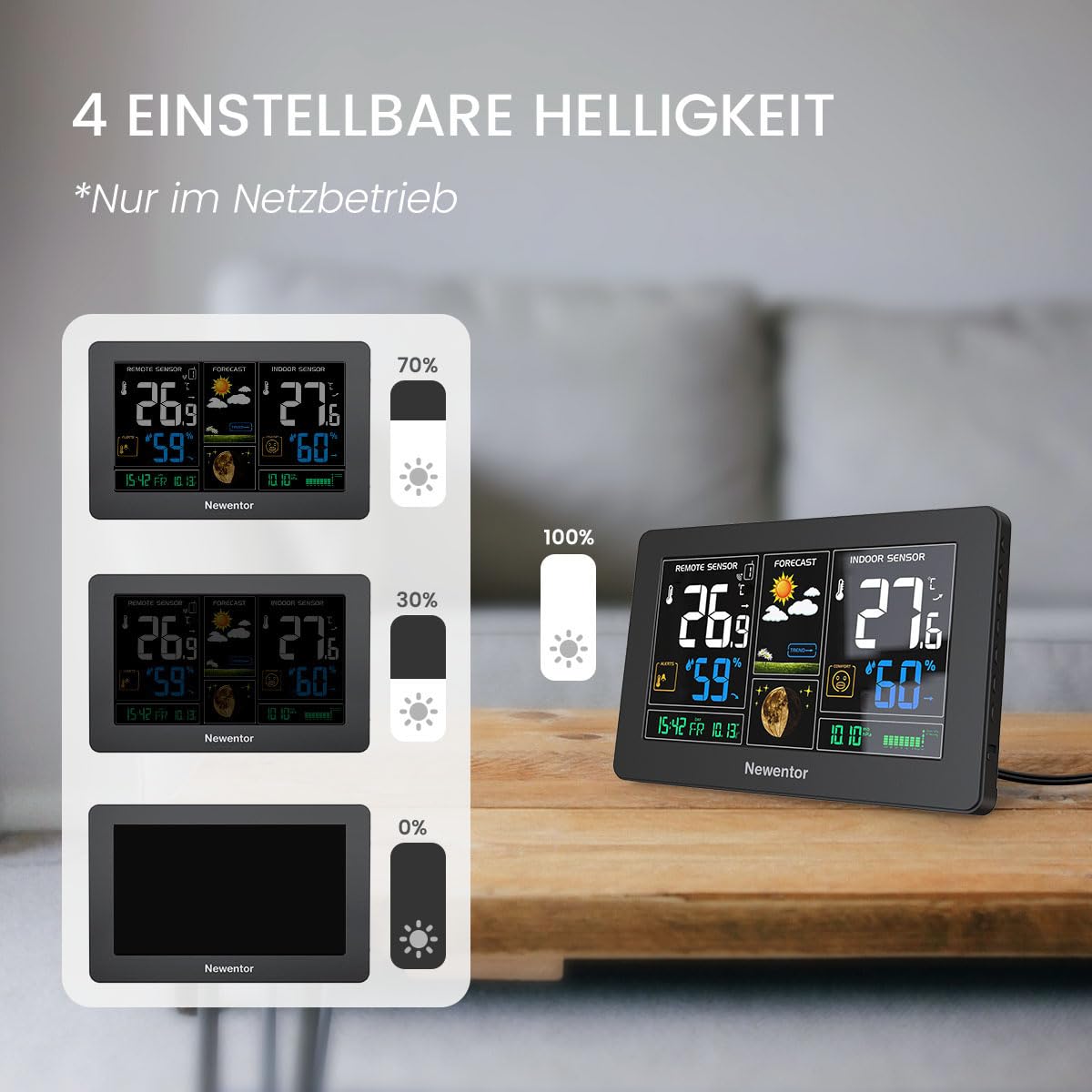 Detalle 2 de Newentor Funk-Wetterstation mit Außensensor (DCF-Funkuhr) – Schwarz, mit Wettervorhersage & Temperaturwarnung