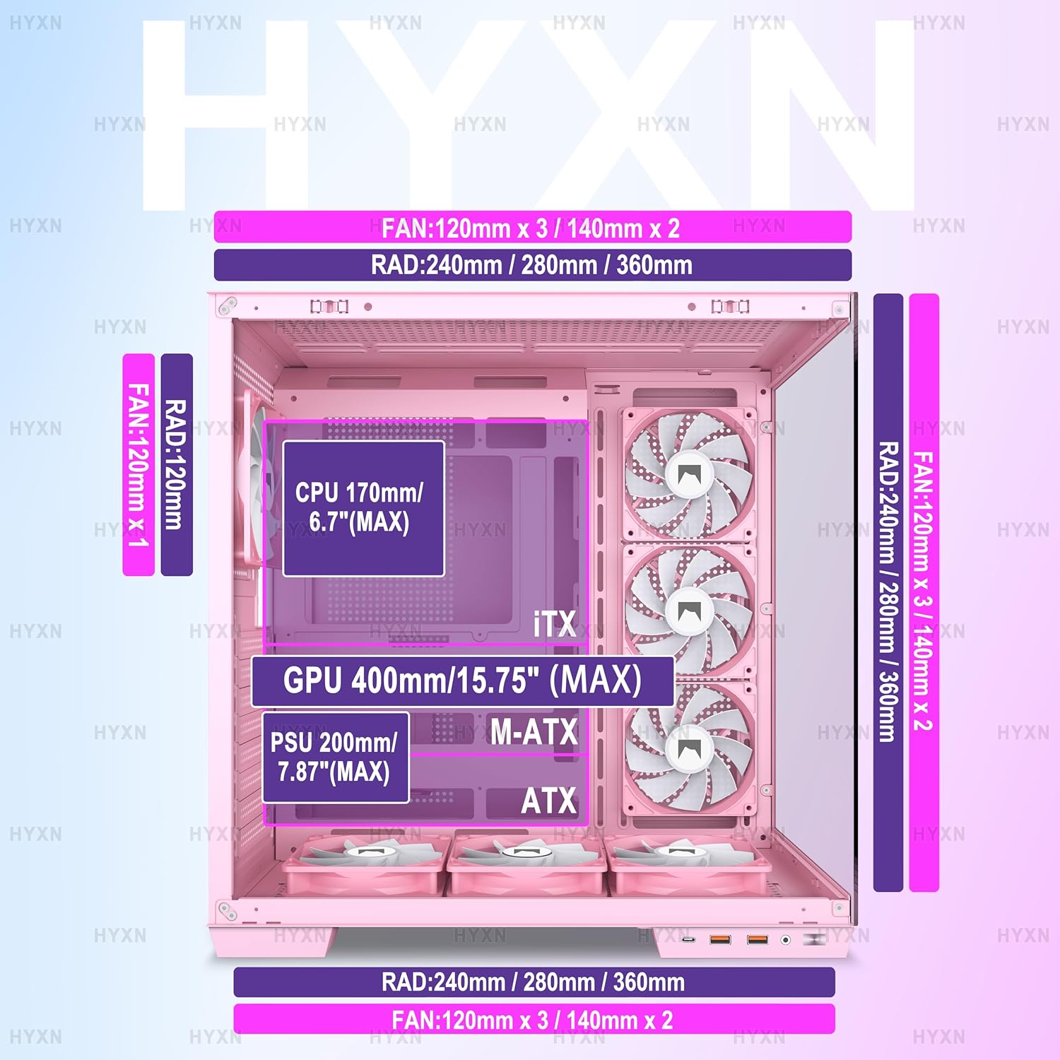 Detalle 2 de HYXN H1 ATX PC-Gehäuse: Vorinstallierte 7 PWM ARGB-Lüfter, Dual-Kammer-Design, Platz für 3x360 mm Radiatoren