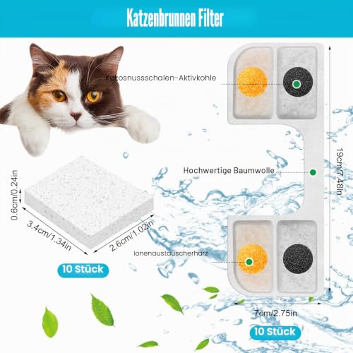Detalle de Katzenbrunnen Filter 10 Stück kompatibel mit FEELNEEDY FN-W17 – Komplett-Set mit Aktivkohlefilter und 10 Schwämmen