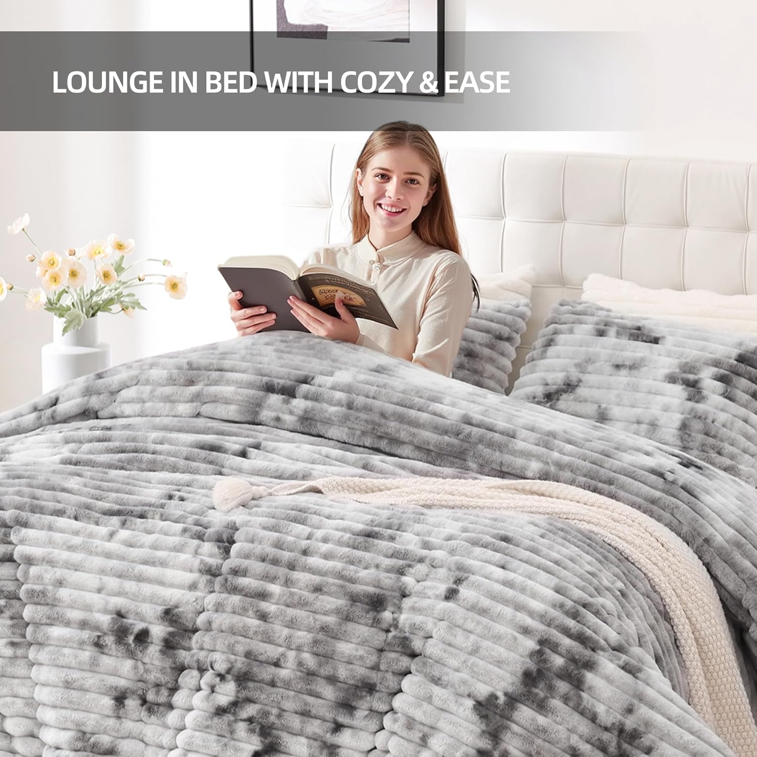 Detalle de Smoofy Fluffy King Size Comforter Set 3 Pieces — Tie-dye Grey Faux Fur, Ultra-Soft Micro-Mink & Flannel Dual-Sided Bedding