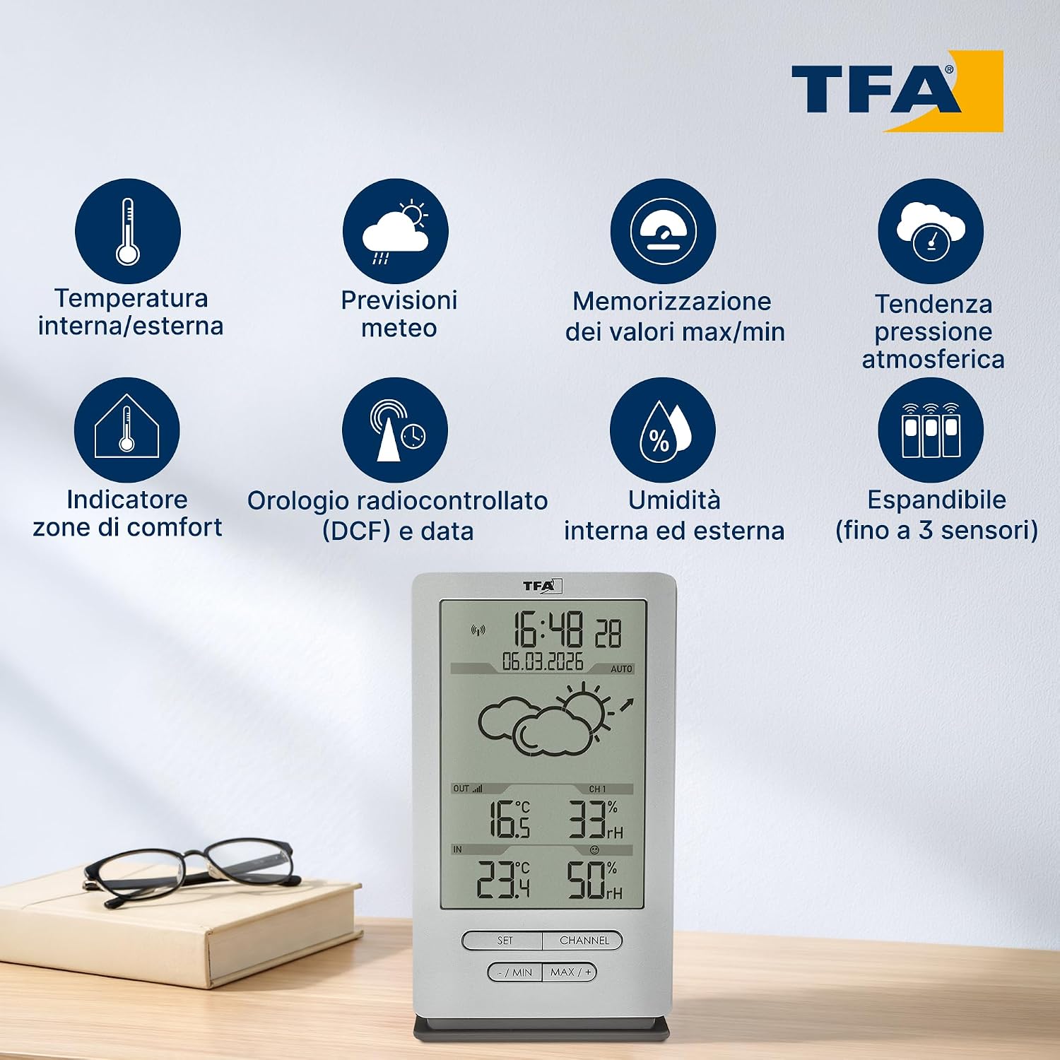 Detalle de TFA Dostmann stazione meteo con sensore esterno Xena 35.1162.54 — previsione, clima interno ed esterno, radio controllata