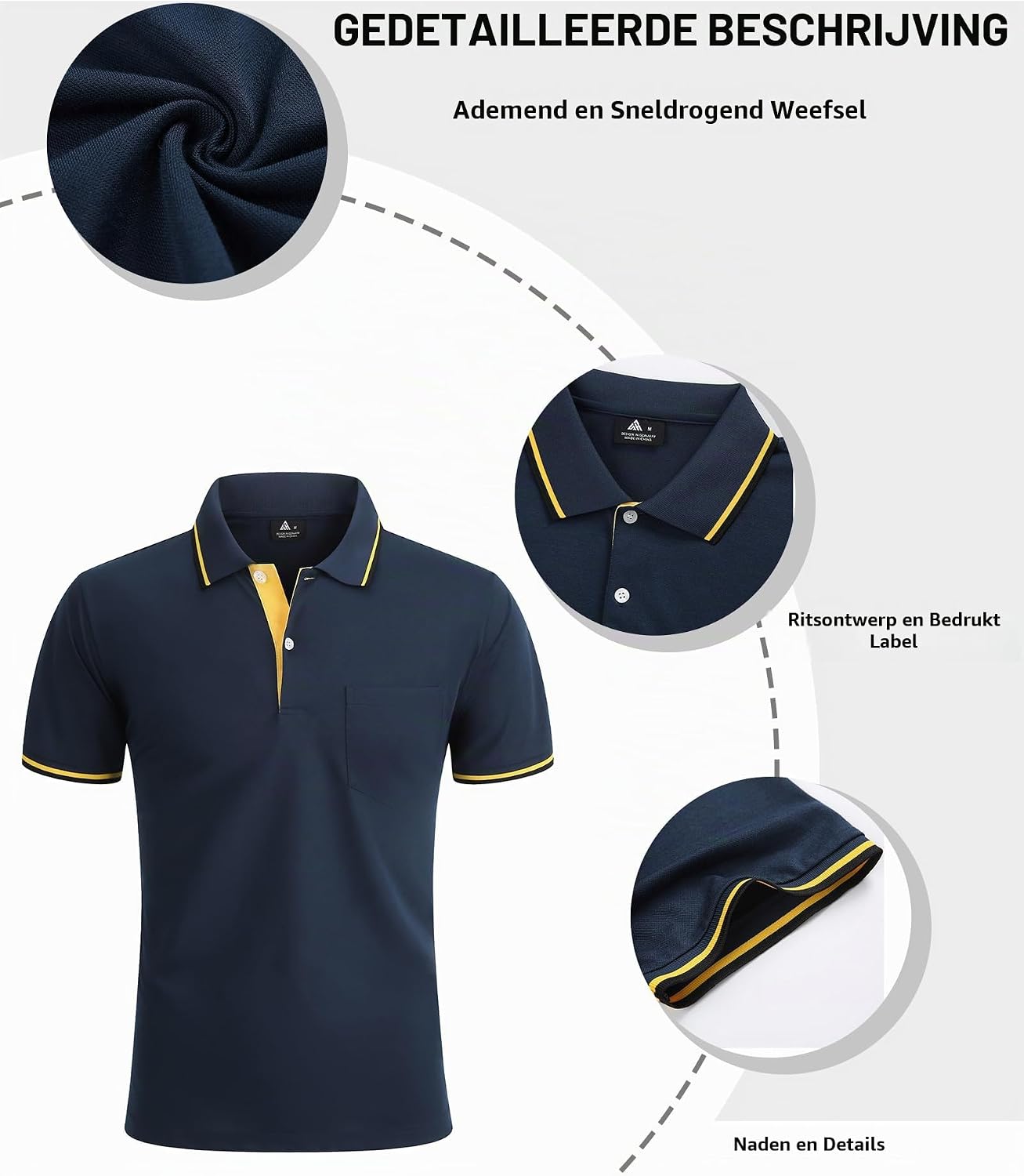 Detalle de LLdress herenpolo met korte mouwen, sneldrogend en ademend voor golf en tennis