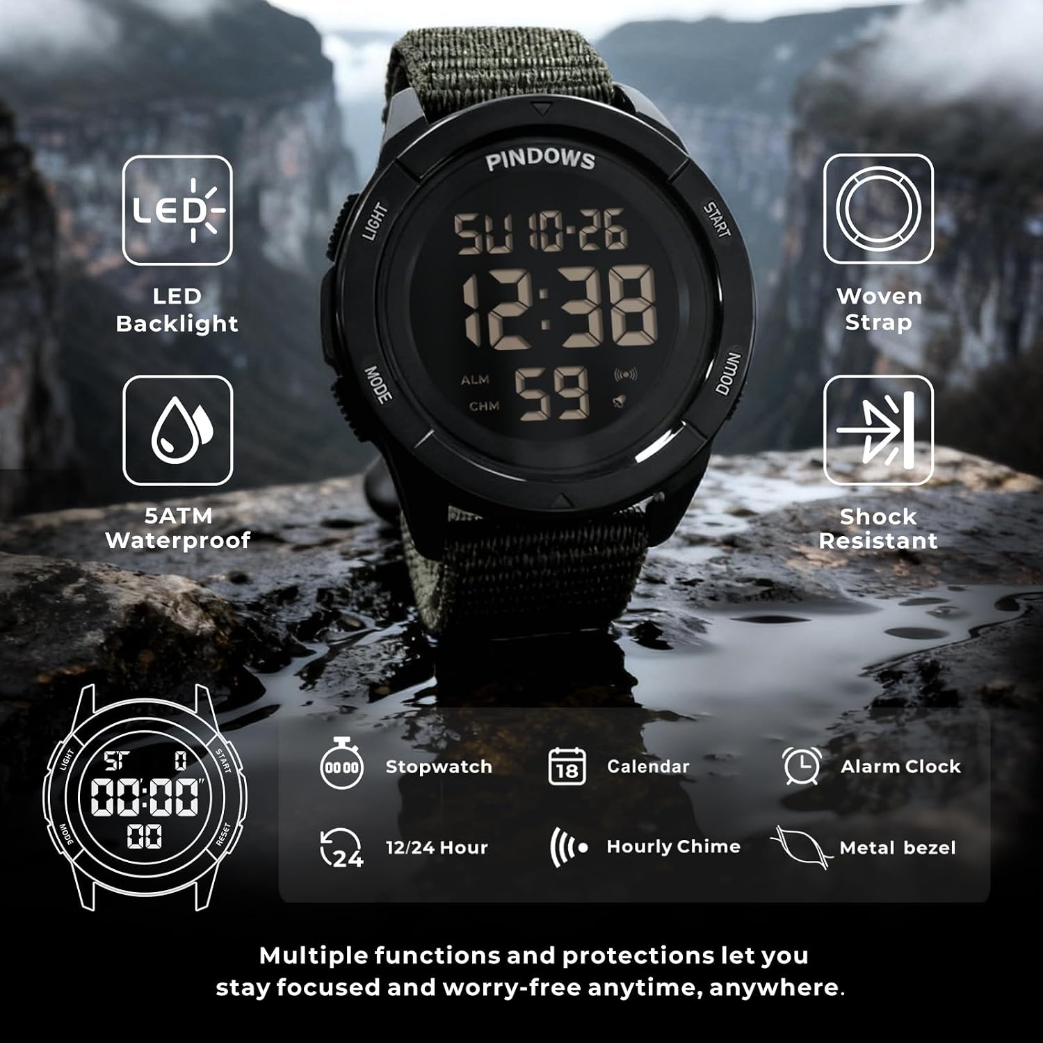 Thumbnail 2 de PINDOWS Herren Digitaluhr: 50m Wasserdicht, Militär-Taktisch für Outdoor & Sport