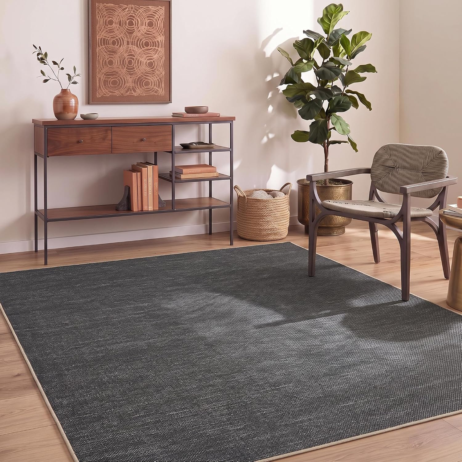 Detalle de GarveeHome Solid Rug Black 6x9 Indoor/Outdoor Area Rug, Washable Low-Pile