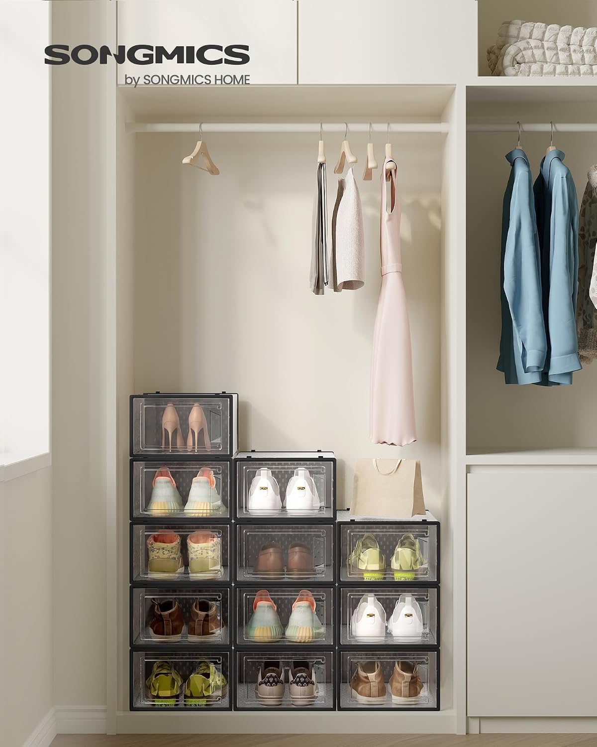 Thumbnail 1 de SONGMICS 12-Pack Stackable Shoe Boxes (LSP006B12): Transparent, Foldable Storage for UK Size 8