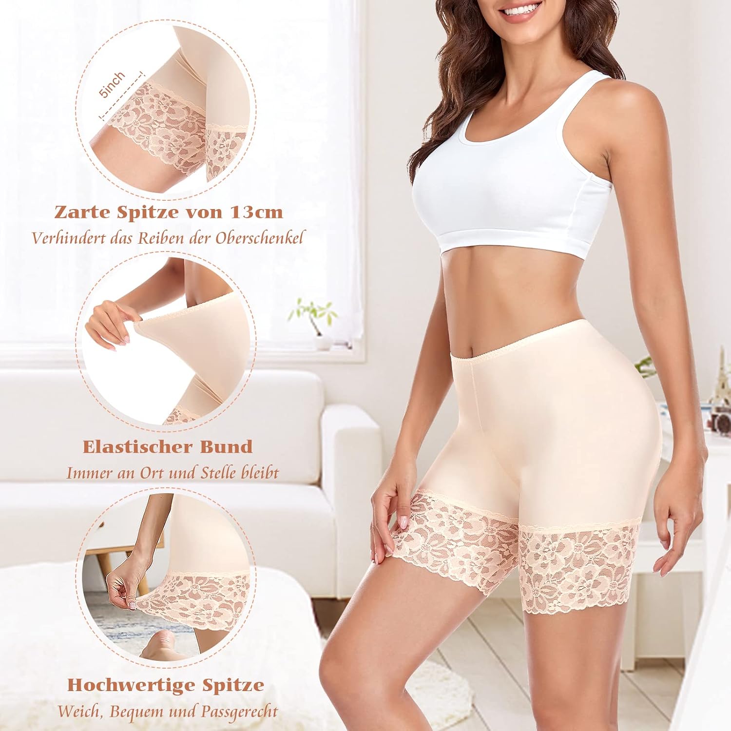 Detalle de YARRCO Damen Unterhose Spitze Radlerhose Kurz – Anti-Chafing Slipshorts