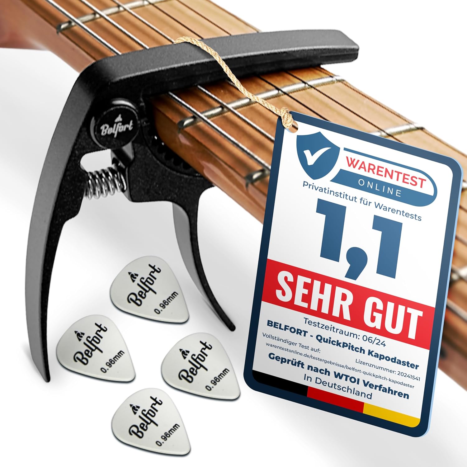 Detalle de BELFORT QuickPitch Capo – Kapodaster für Gitarre + 3 Plektren