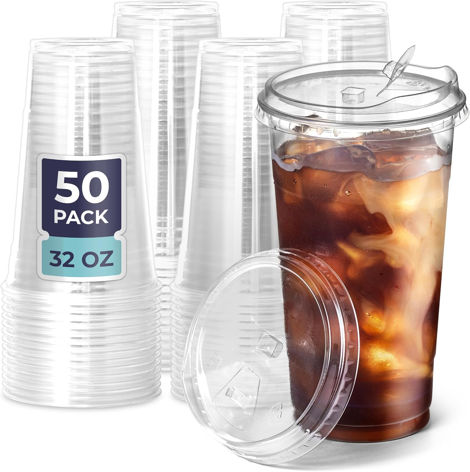 Detalle de Fit Meal Prep 32 oz Clear Plastic Cups with Strawless Sip Lids (50 Pack)