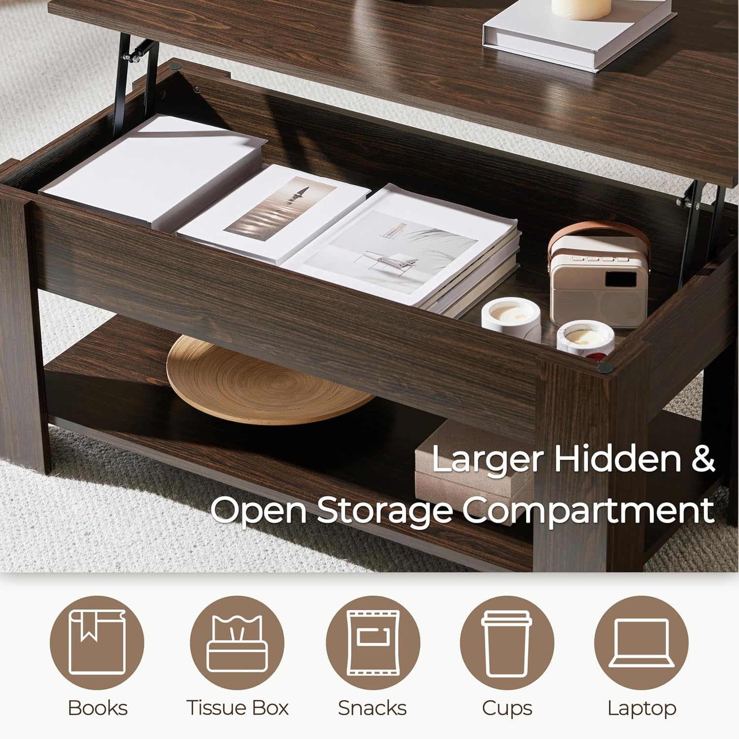 Detalle de Yaheetech Espresso Lift-Top Coffee Table with Storage, 98cm