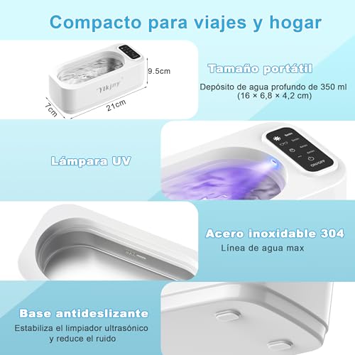 Thumbnail 6 de ylkjny Limpiador ultrasónico de 350 ml, 55 kHz, 4 modos y acero inoxidable 304