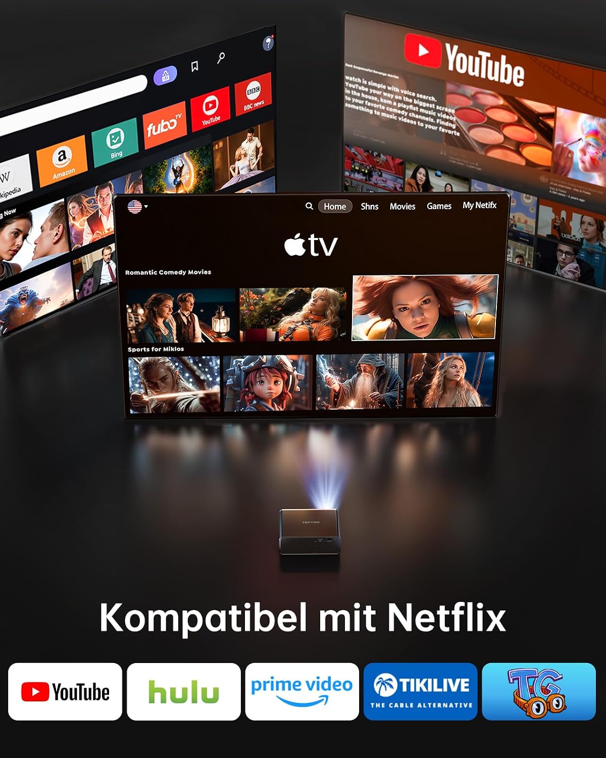 Detalle de TOPTRO A1 Smart Beamer – Netflix-kompatibel, 1000 ANSI, Dolby Audio, Autofokus & 6D Keystone