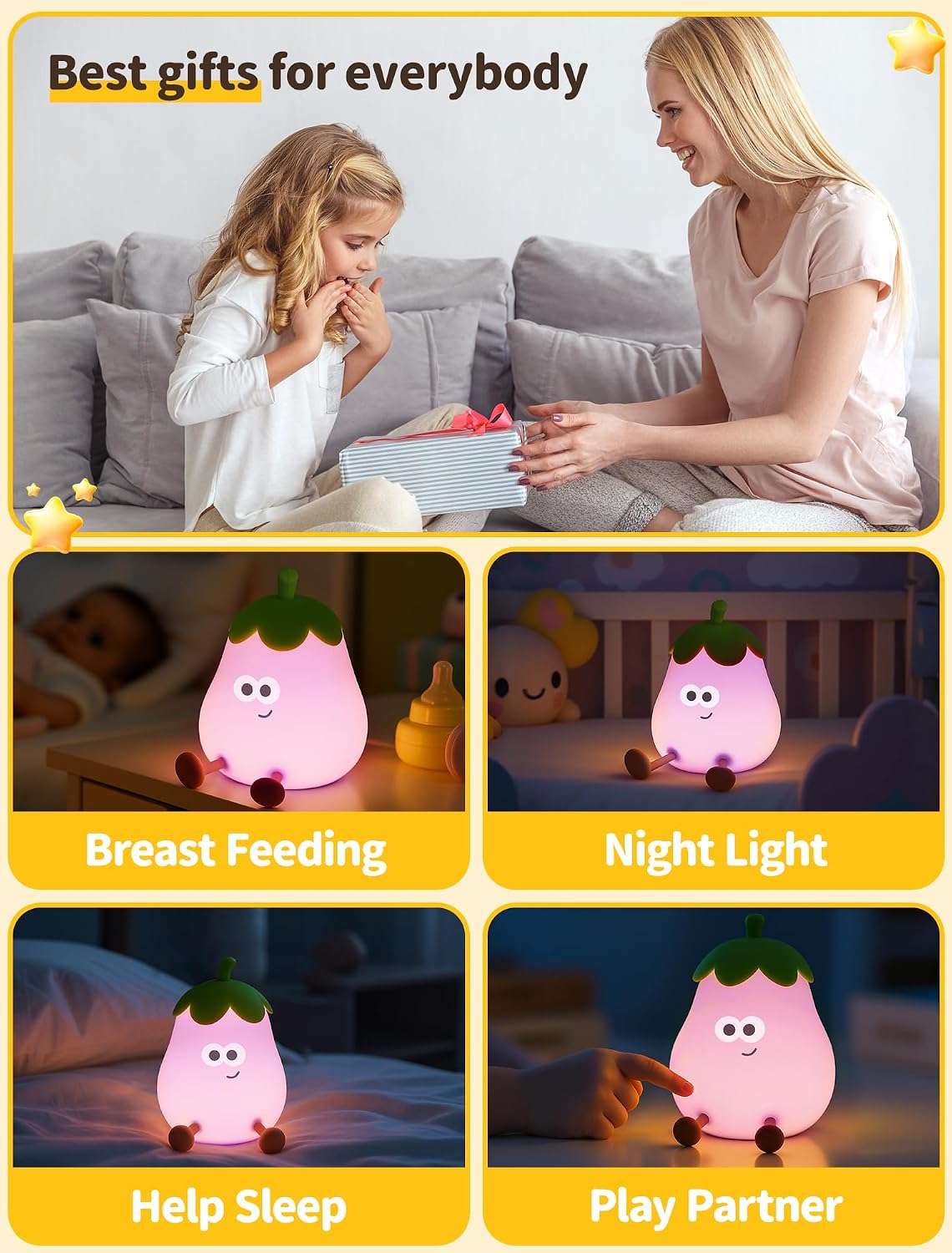 Detalle 2 de Tarinks Eggplant Night Light, Rechargeable Silicone LED Lamp with 7 Colors