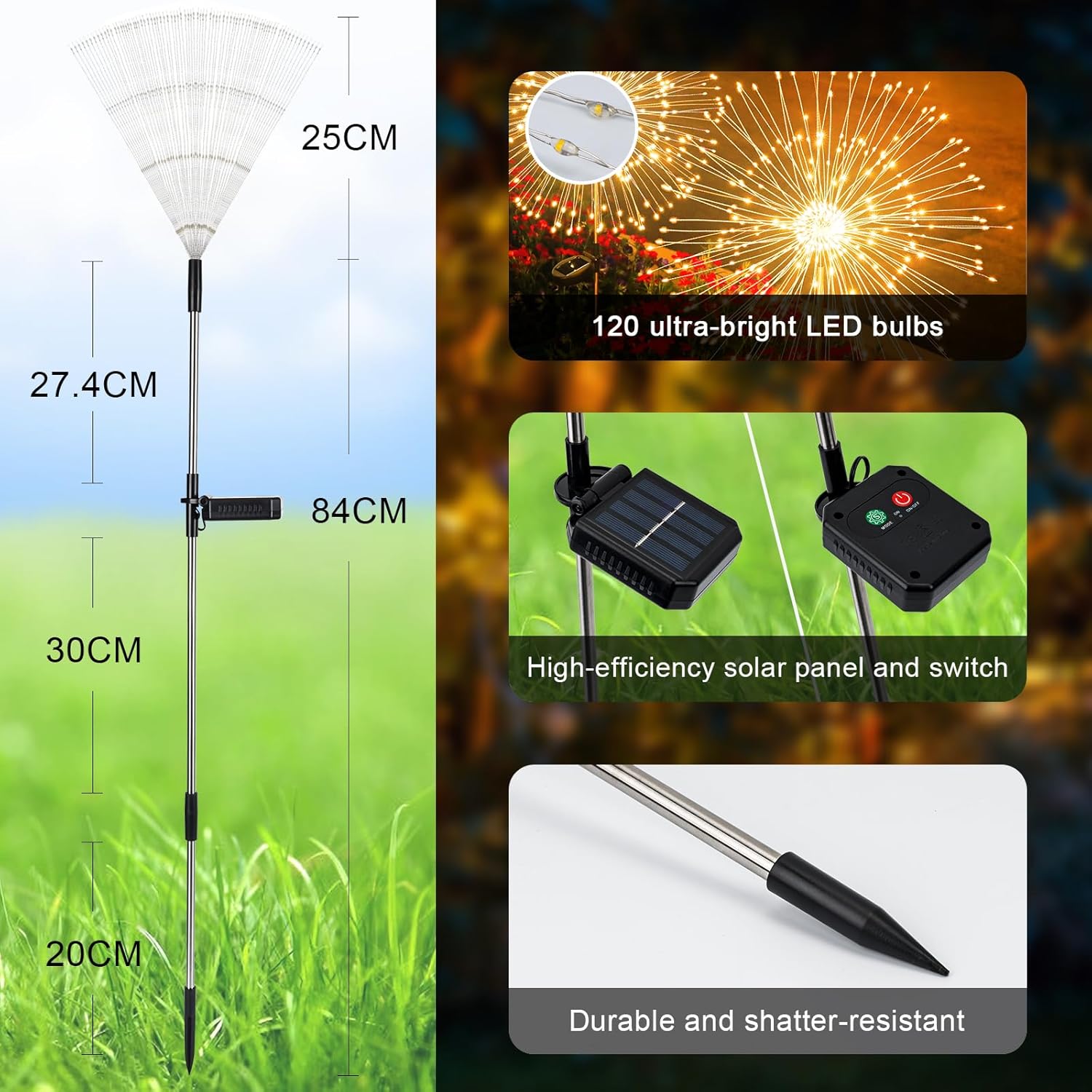 Thumbnail 2 de Solar Lights Outdoor Garden Solar Firework Starburst Stake Lights (120 LEDs, 8 Modes) – 4 Packs, Warm White