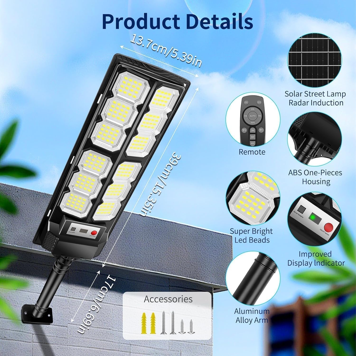 Detalle de VBOK IGFE Lampione solare LED esterno 600W, IP66, 2 pezzi con sensore di movimento e 6500K