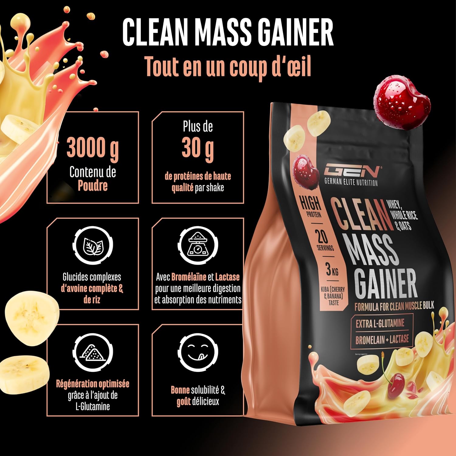 Detalle de GEN German Elite Nutrition Clean Weight Gainer – 3 kg, cherrry & banana, prise de masse (végétarien)