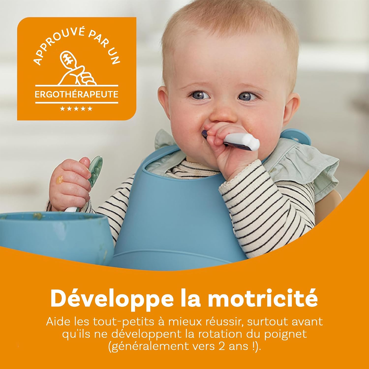 Thumbnail 4 de NumNum GOOtensils Cuillère Bébé 1er Âge – Étape 1+2 en Silicone (Lot de 2, Bleu/Orange)