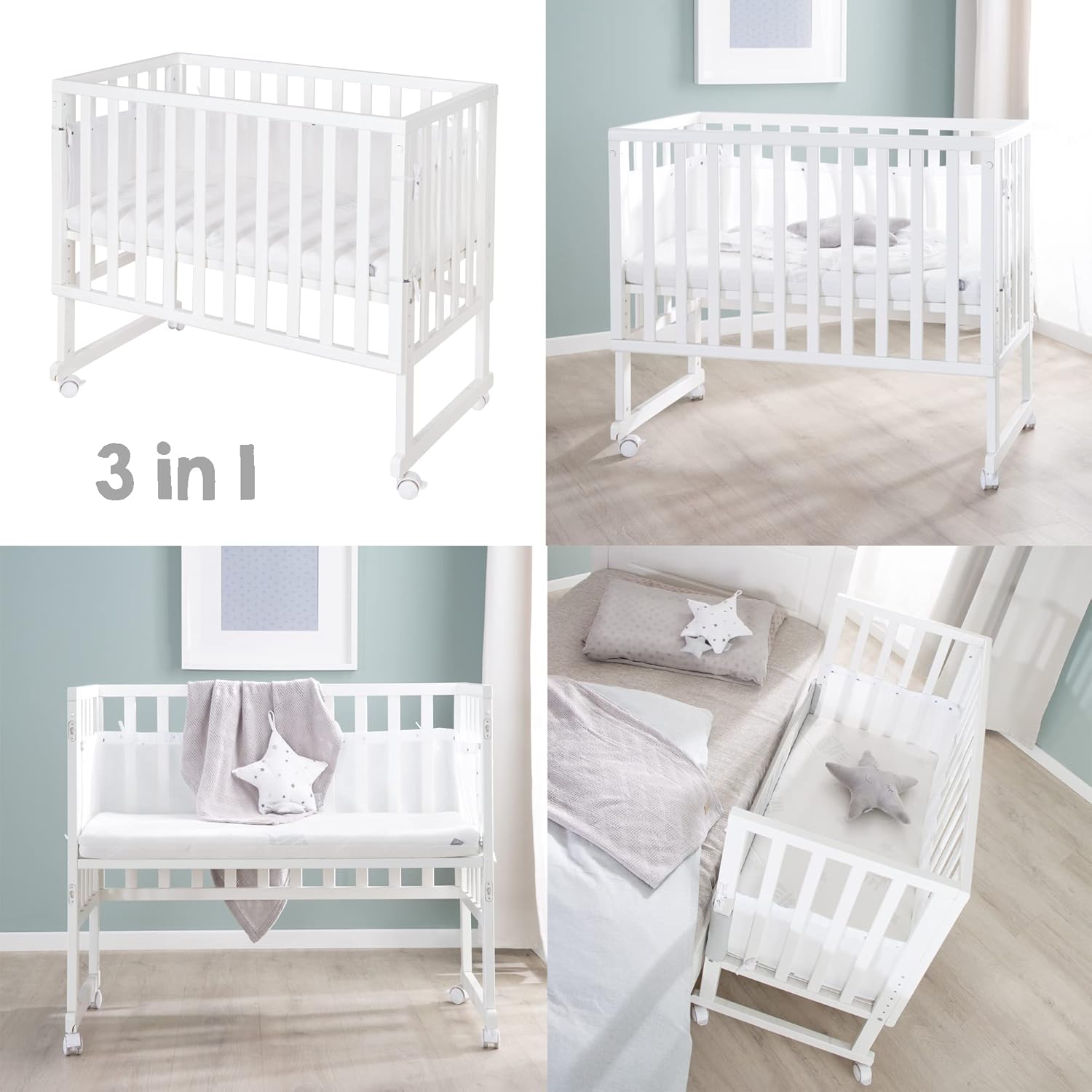 Thumbnail 3 de roba Stuben- und Beistellbett safe asleep® 3 in 1 – 45 × 90 cm, höhenverstellbar, inklusive Matratze, Canvas Barriere und Mesh Umrandung