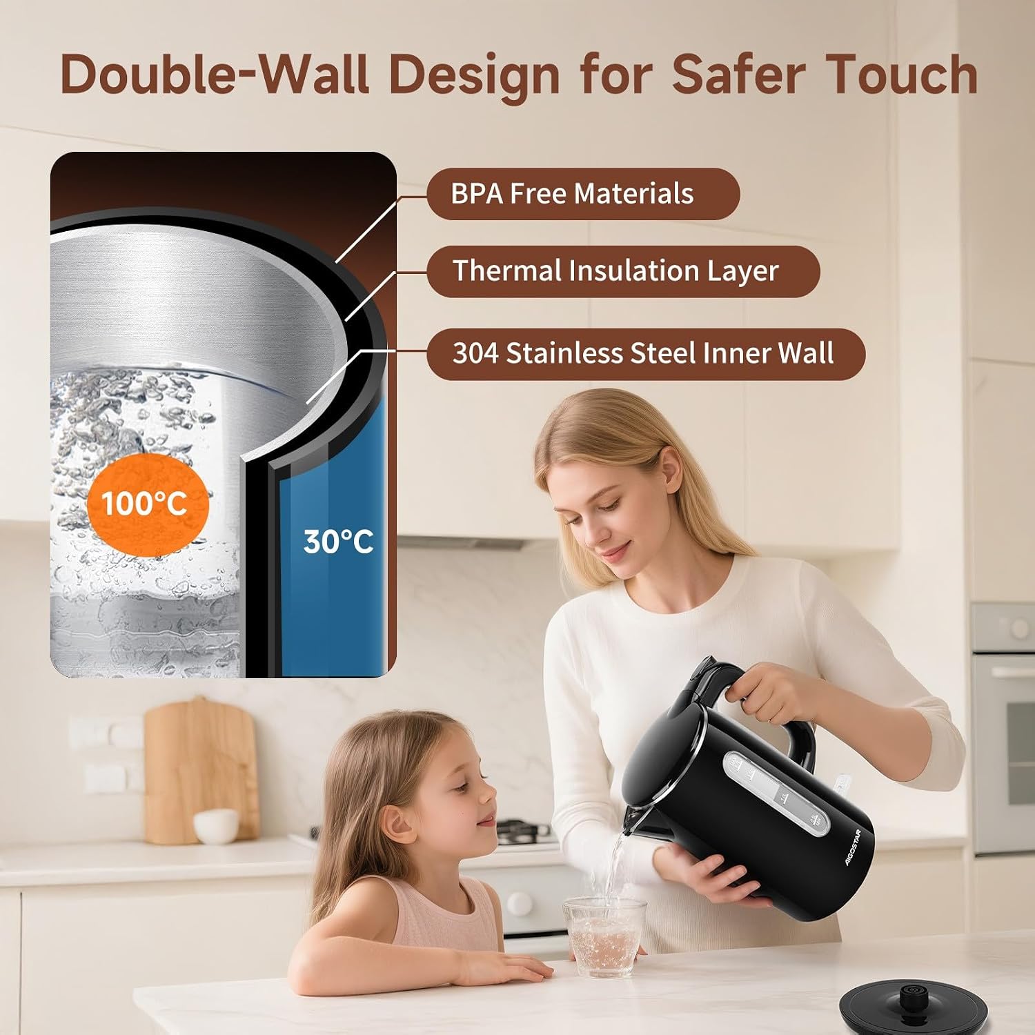 Detalle 2 de Aigostar Lydian ☕ Hervidor de agua eléctrico, 1,7L, acero inoxidable