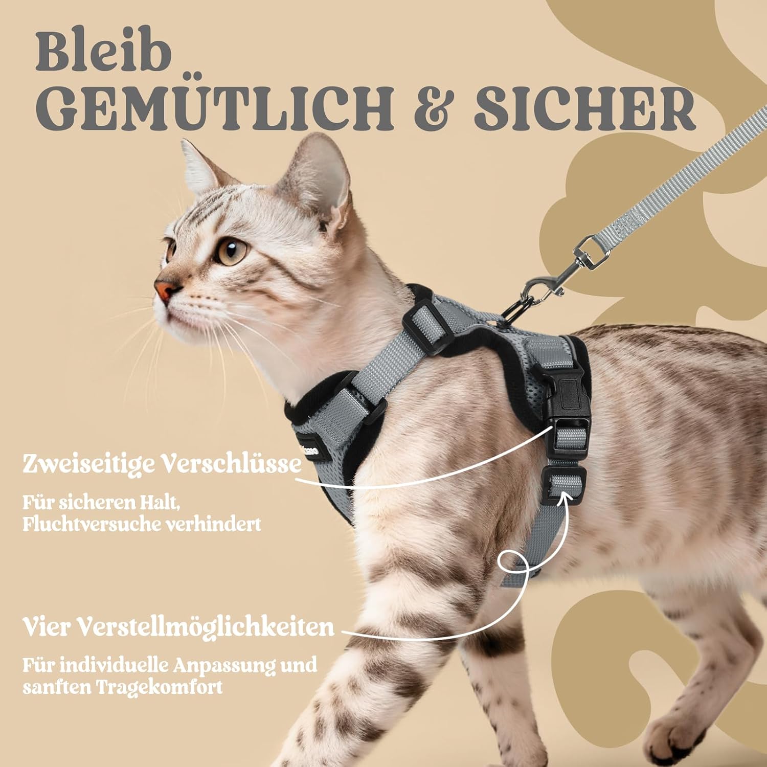 Detalle 2 de rabbitgoo Katzengeschirr mit Leine Grau XS