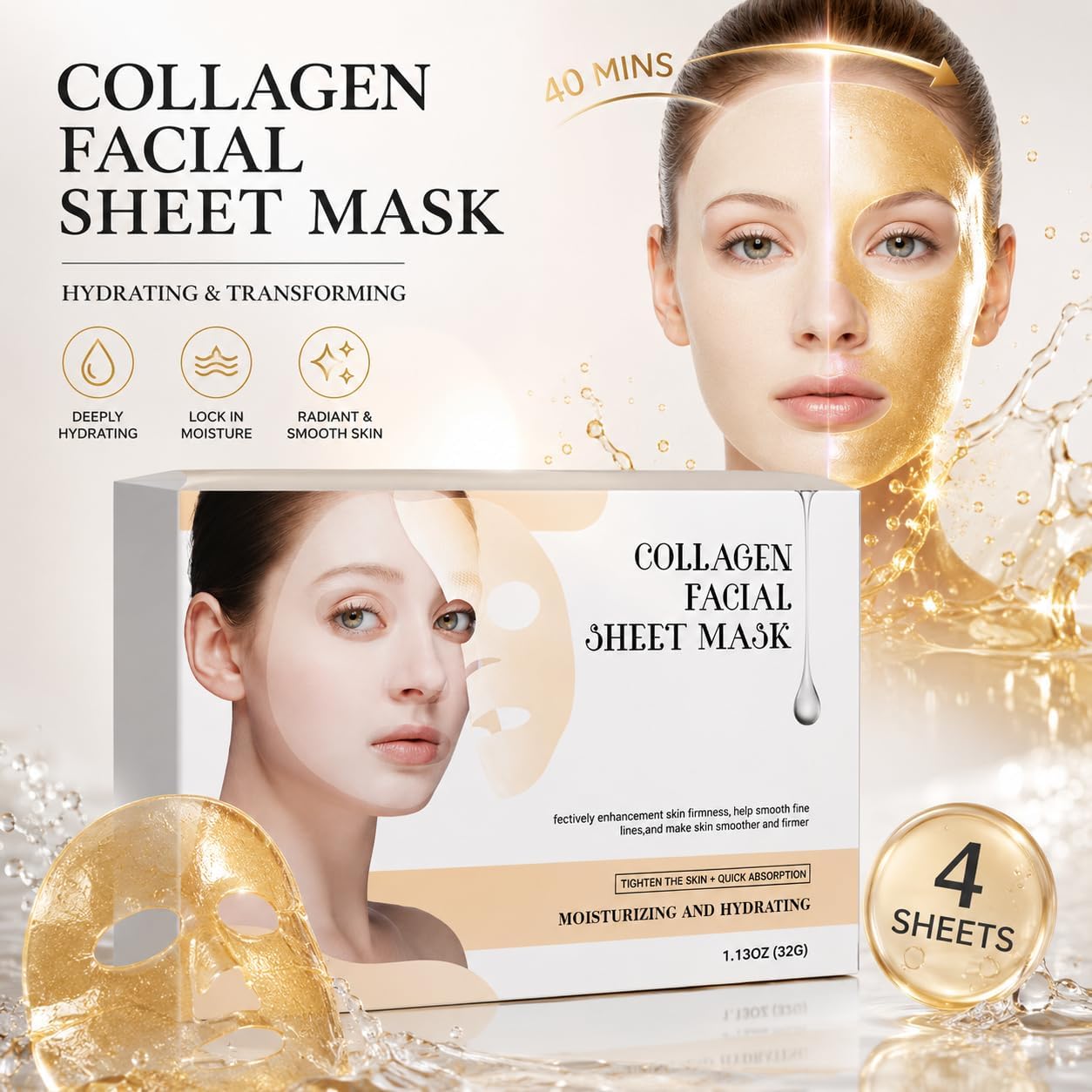 Detalle de Masque Collagene Visage Hydratant – Masque Hydrogel Doré à Double Partie