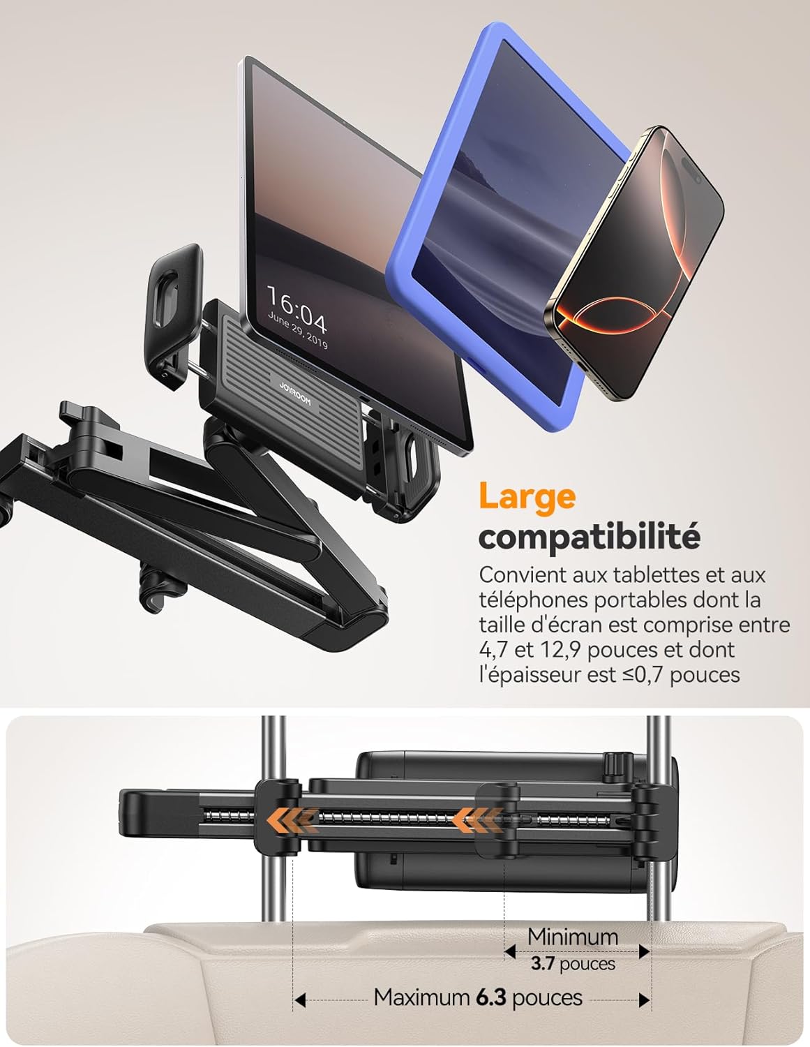 Detalle de JOYROOM Support Tablette Voiture – Support iPad et Tablettes 4,7–12,9'' avec Bras Pliable et Stabilisation Triangulaire