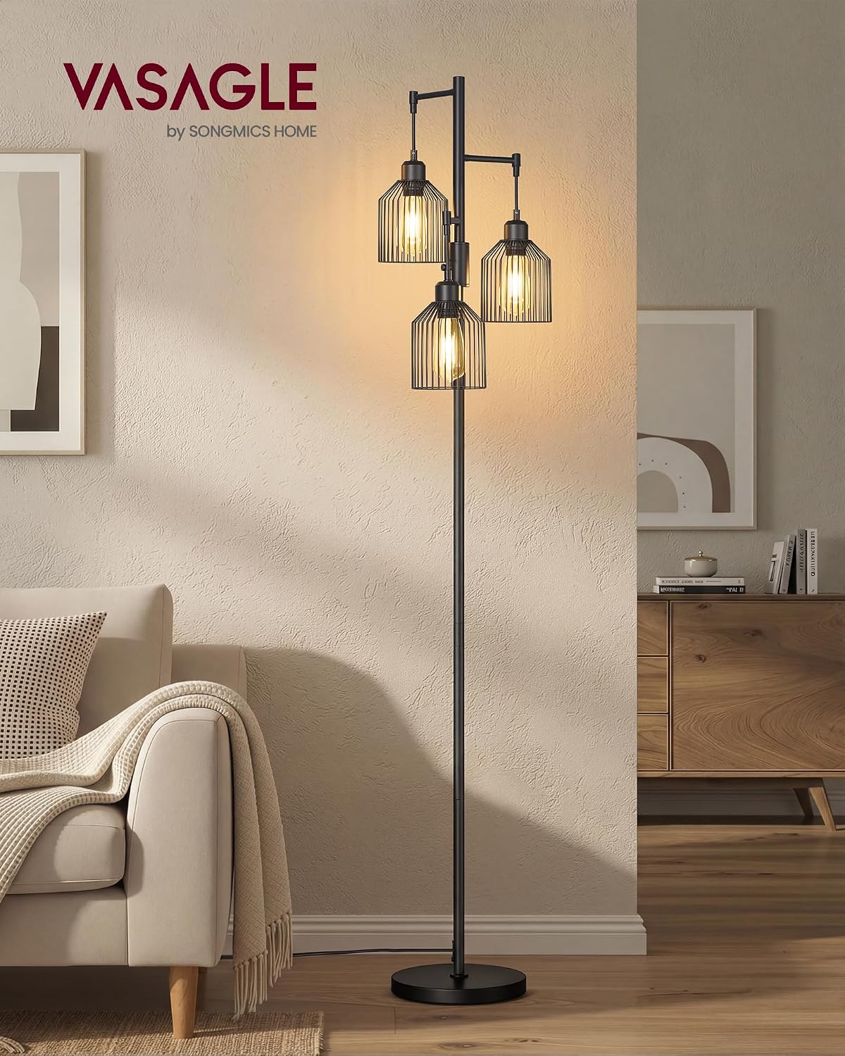 Thumbnail 1 de VASAGLE 176cm Floor Lamp with 3 Bulbs and Adjustable Brightness (Ink Black) LFL013BD03