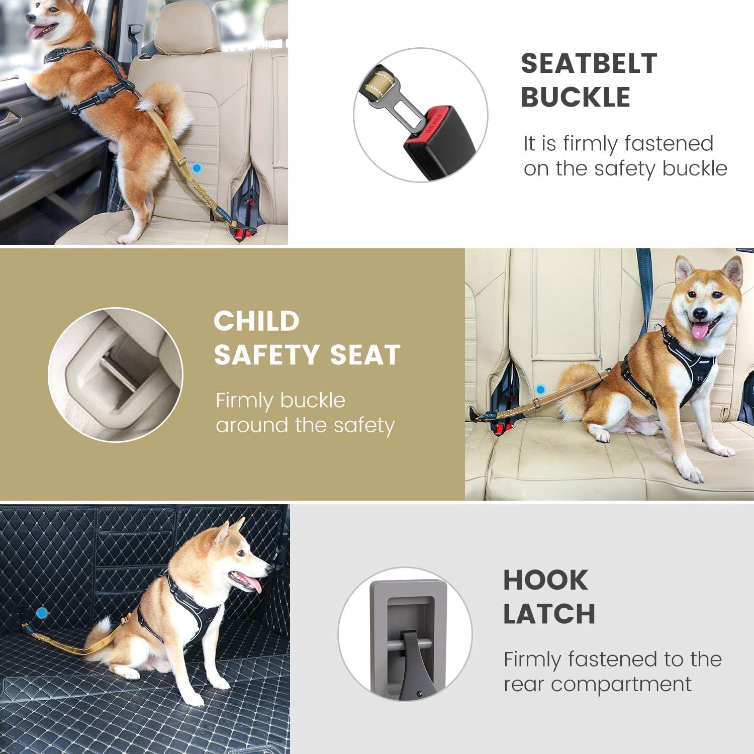 Detalle 2 de IOKHEIRA Dog Seat Belt for Car – safety harness strap for seat belt buckle, ISOFIX and LATCH