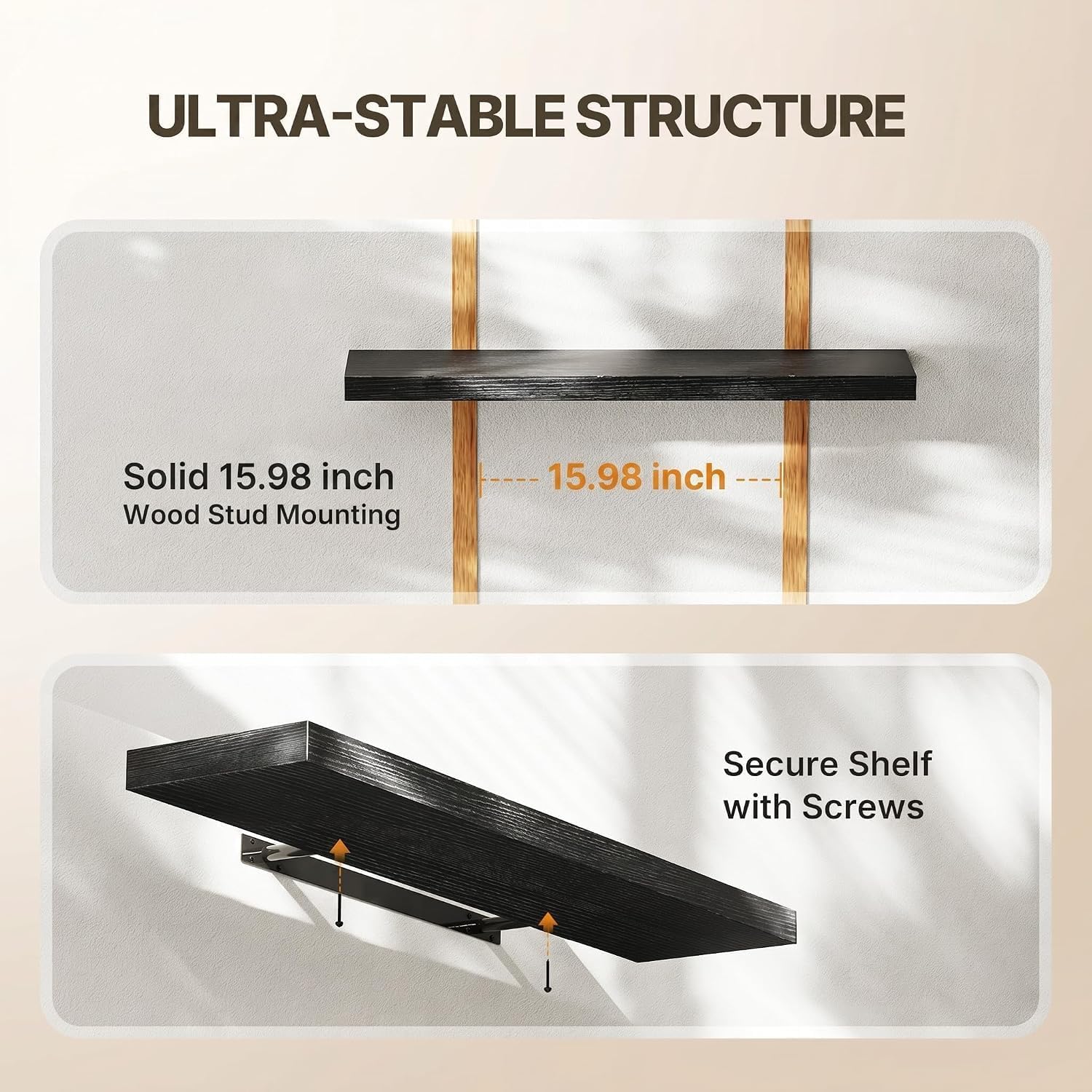 Detalle de Amada 24-Inch Floating Shelves, Set of 2, Black with Hidden Metal Brackets