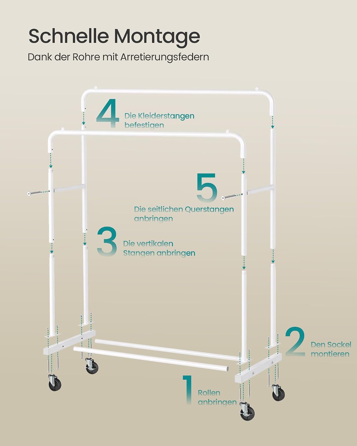 Thumbnail 5 de SONGMICS Kleiderständer HSR017WG01 – Kleiderstange auf Rollen, bis 90 kg belastbar, 2 Stangen, 4 Rollen mit Bremse, mattweiß