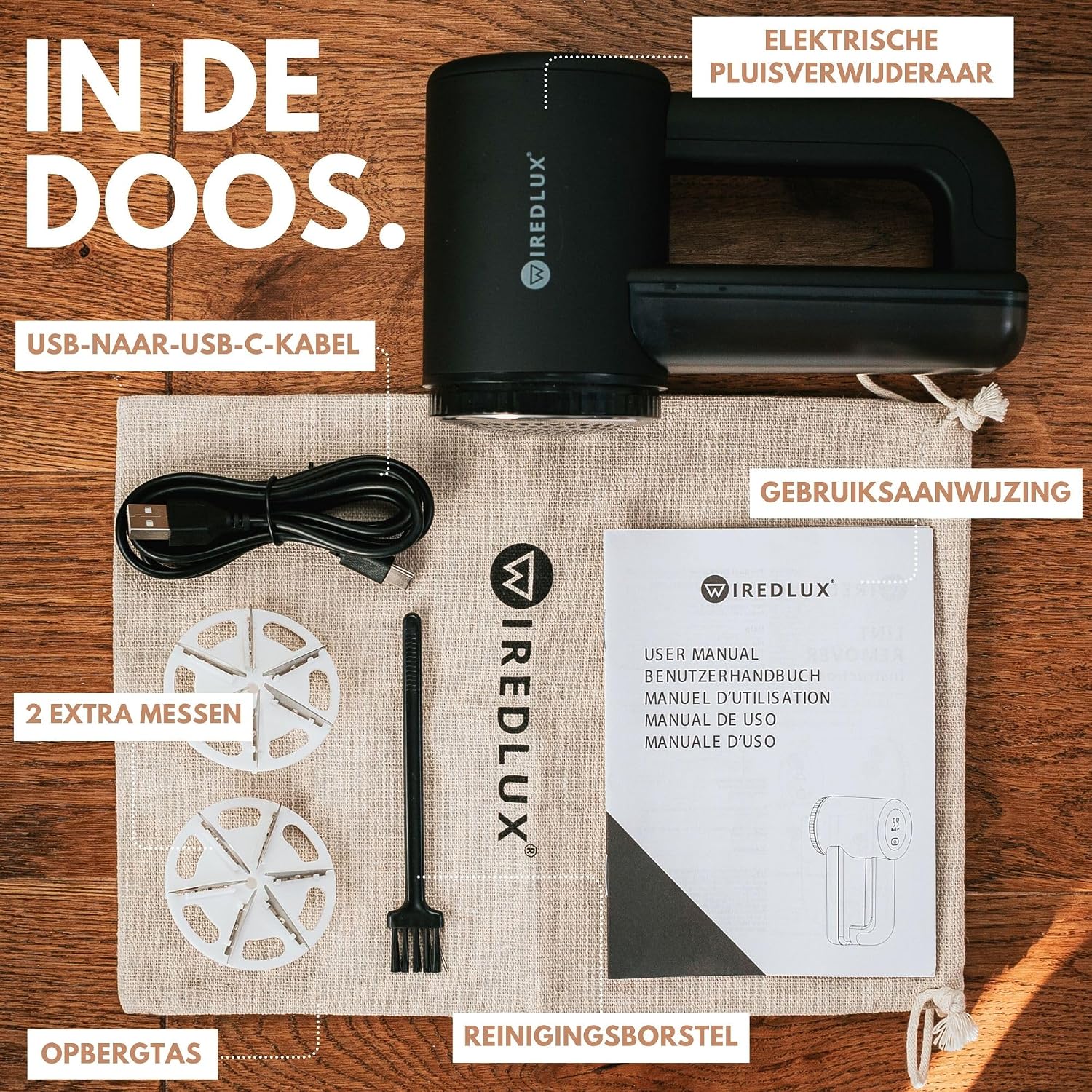 Detalle de WiredLux FS-9955A elektrische pluizenverwijderaar met 3 snelheden en 6-blads mes