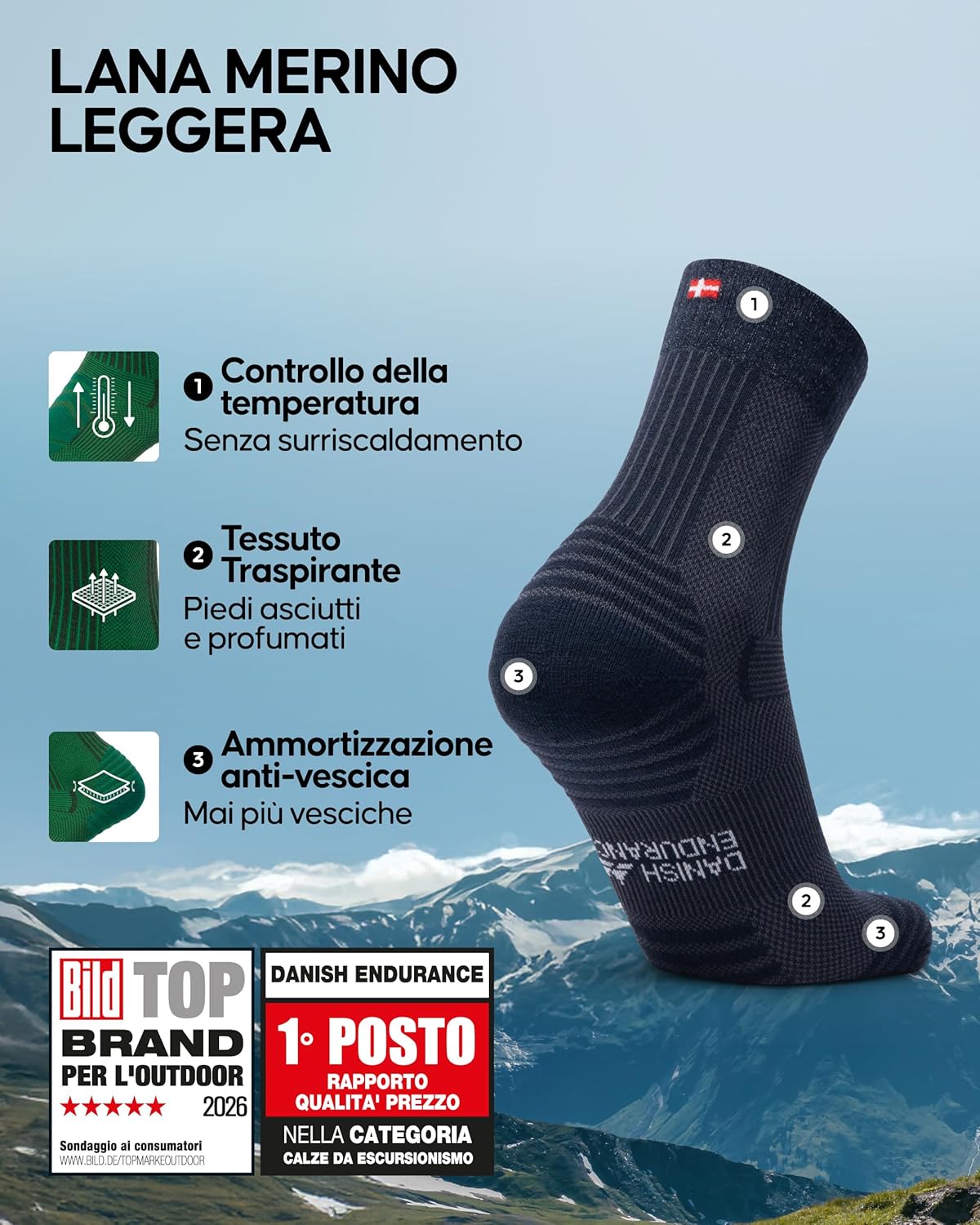 Thumbnail 1 de DANISH ENDURANCE Calze Trekking Leggere in Lana Merino – Antivezione, Traspiranti, 3 Paia
