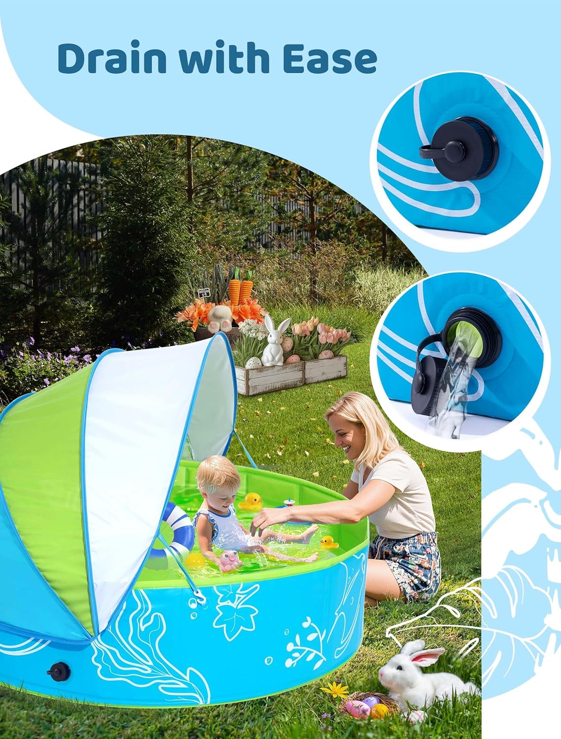Thumbnail 5 de Hikiddy Planschbecken mit Schatten 120 cm – Pop-Up Pool mit Dach, Grün-Blau (Größe 120 cm)