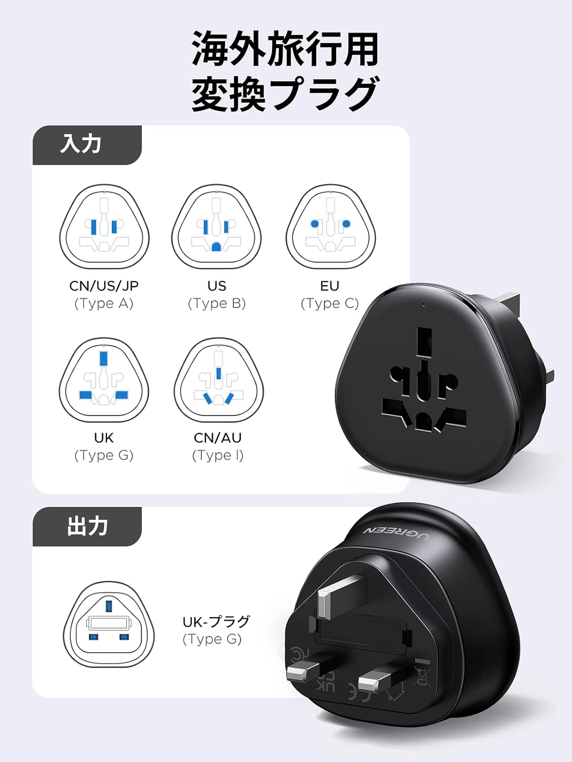 Detalle de UGREEN BFタイプ海外変換プラグ A/B/C/G/I対応・AC差込口1口・コンパクト設計