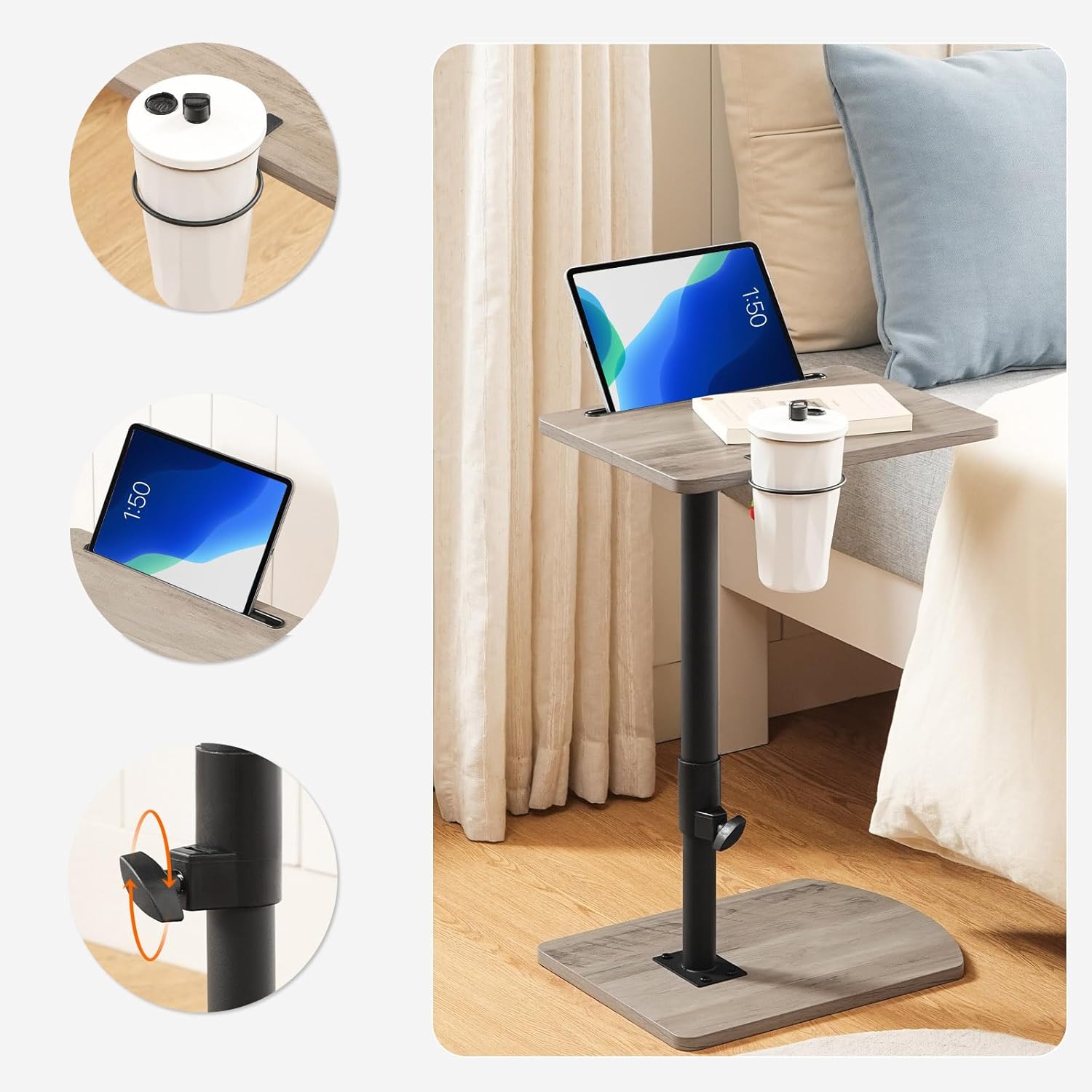 Thumbnail 5 de HOOBRO Tavolino a Forma di C Regolabile in Altezza con Piano Rotante a 360°, Portabicchieri Rimovibile e Slot per Tablet | Grigio Invecchiato/Nero