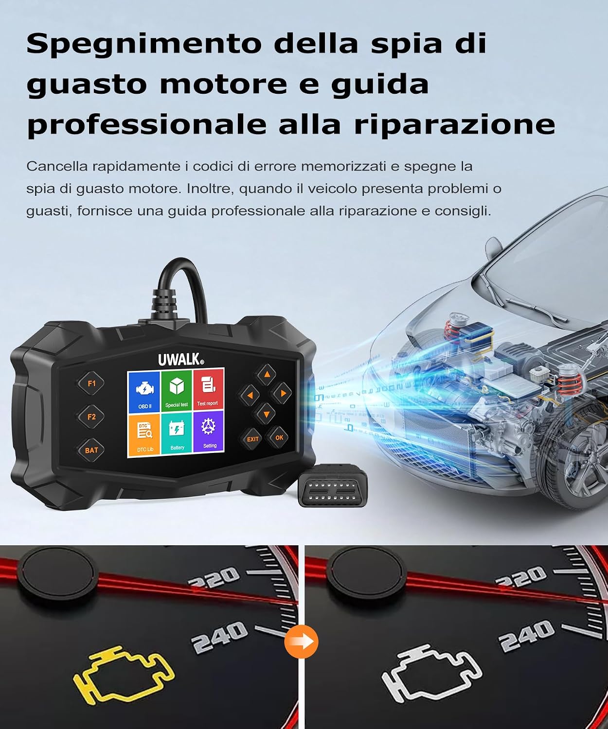 Detalle 2 de Scanner OBD2 EOBD per diagnosi motore in italiano con funzioni avanzate e funzioni I/M, batteria e carbonio