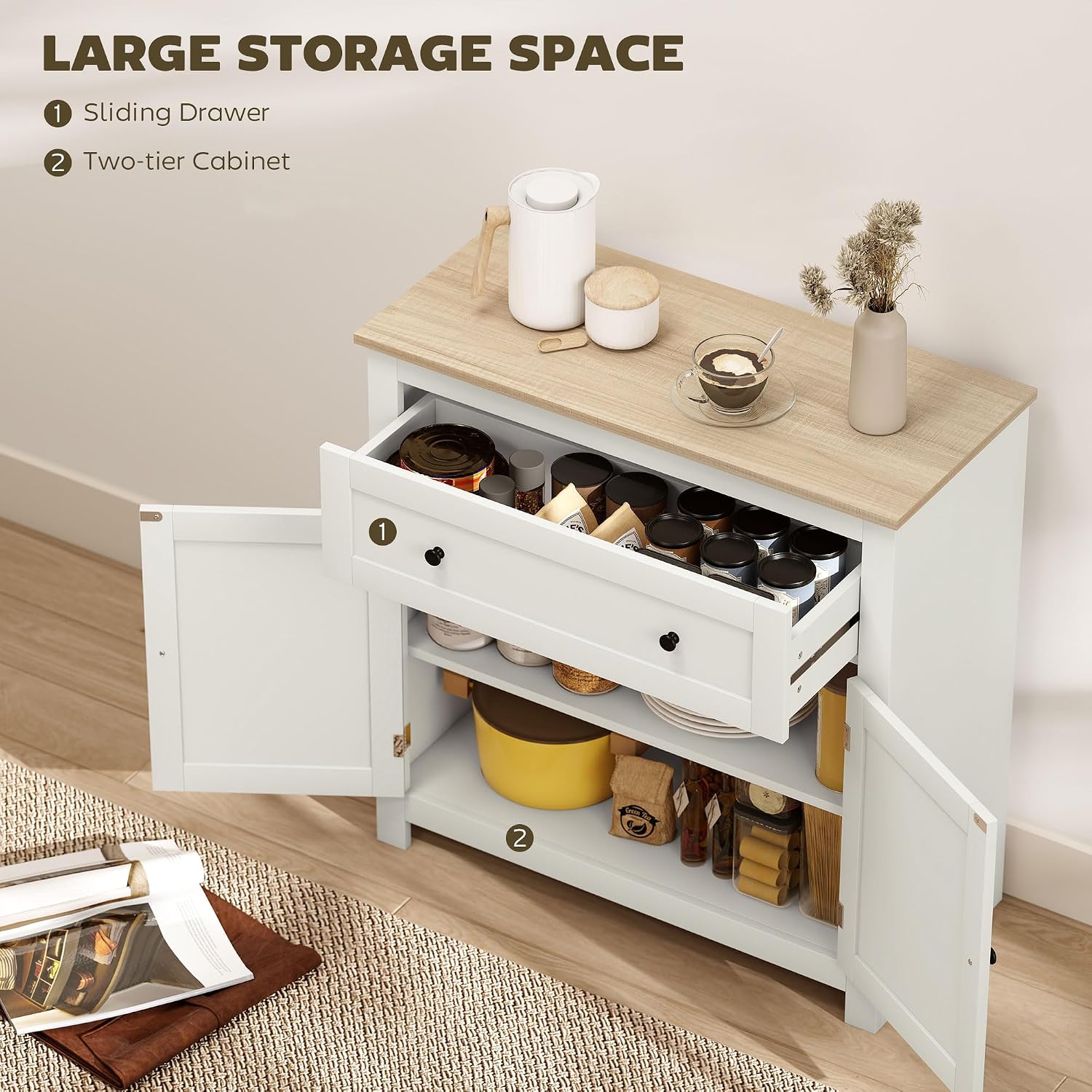 Detalle 2 de HOMCOM 83B-428V80CW Sideboard, Cream White, Adjustable Shelf and Drawer
